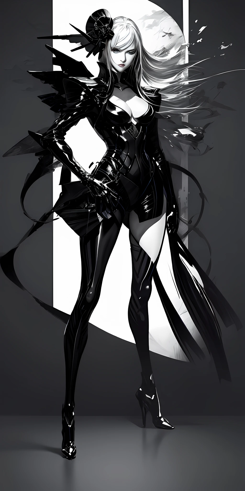 Masterpiece, Japanese manga master work, grayscale, monochrome sketch, sketch art, freehand ink art, bold brush strokes, brilliant creativity, 1girl, full body, white hair, delicate facial features, glowing eyes, uniform, E cup, long legs, parted lips, full body details, anime beauty, realistic night, realistic full body light and shadow, hazy light, fantasy world