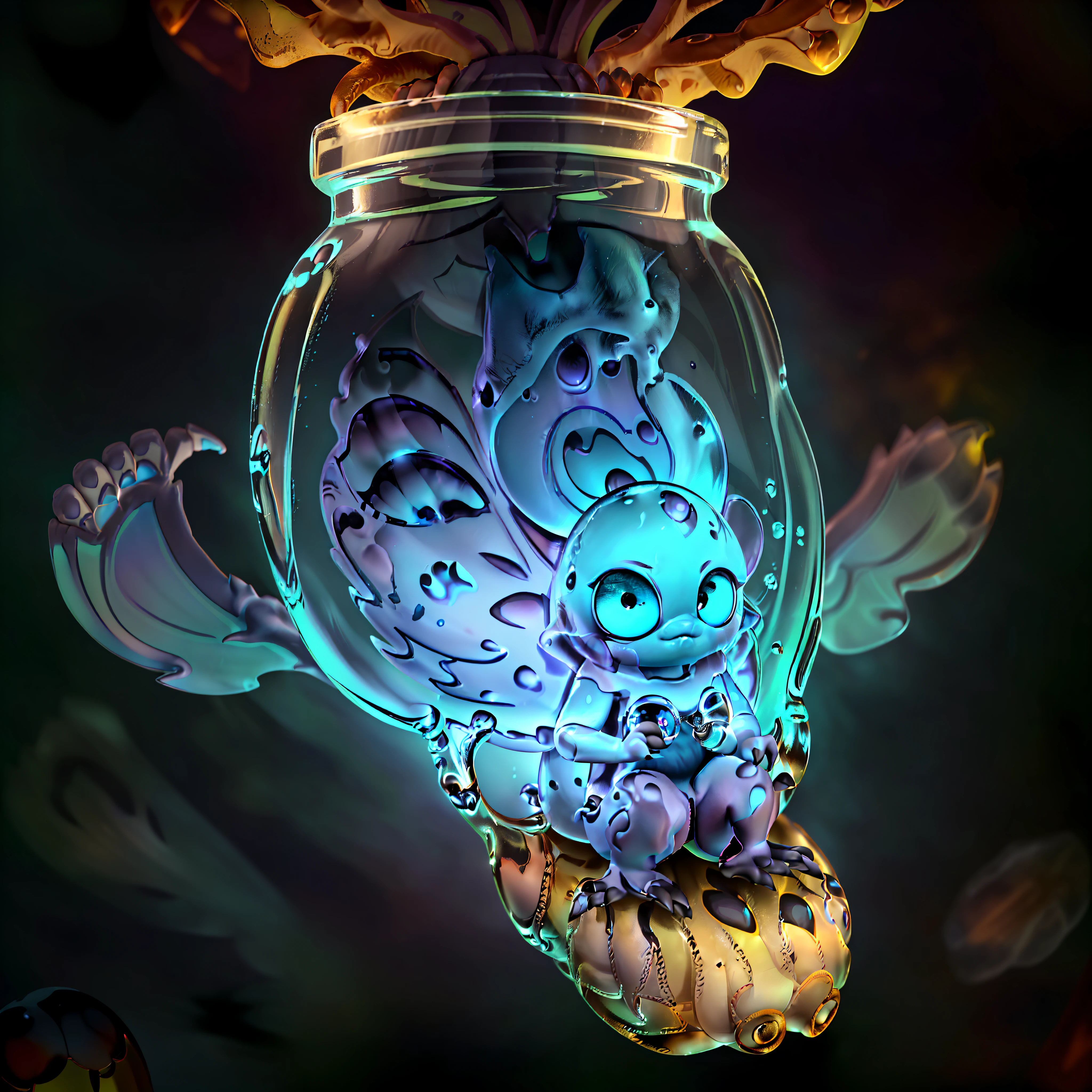 (a miniature creature with many paws in a bottle:1.4), (a detailed and high-quality CG Unity 8k image, masterpiece quality, art illustration), (macro photography), (creature is detailed and attractive, with wings, big sad eyes and glowing spots), in a dark and deep forest, with a mystical atmosphere and night lighting, (no humans:1.5), (no human:1.5), (no people:1.5)