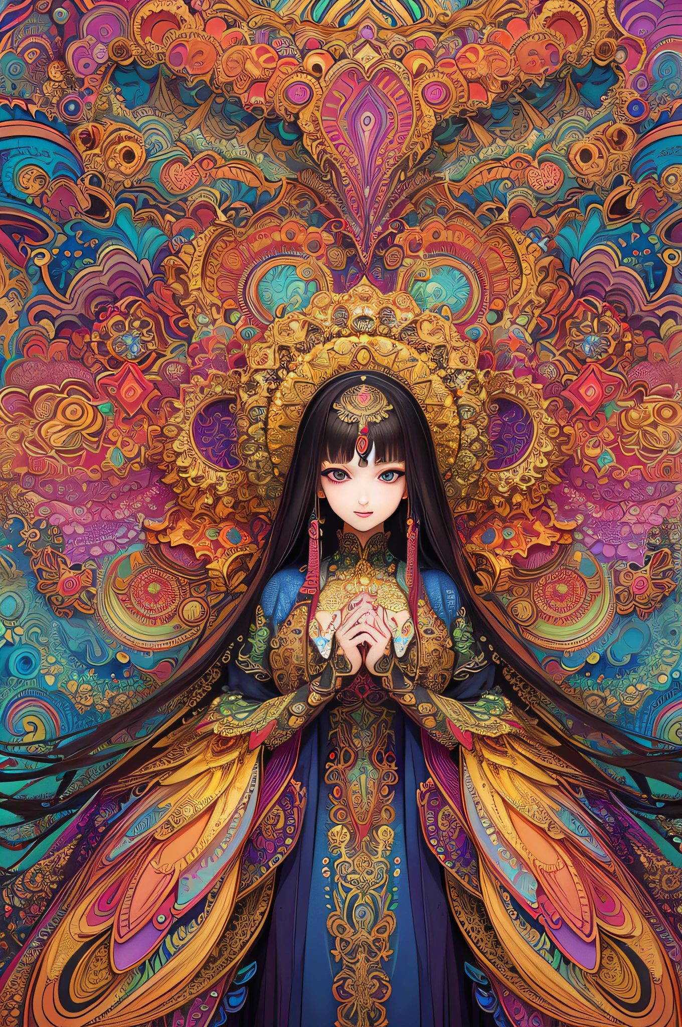 (masterpiece, top quality, best quality, official art, beautiful and aesthetic:1.2), (1girl:1.3), extremely detailed,(fractal art:1.2),colorful,highest detailed,(zentangle:1.2), (dynamic pose), (abstract background:1.5), (treditional dress:1.2), (shiny skin), (many colors:1.4), upper body