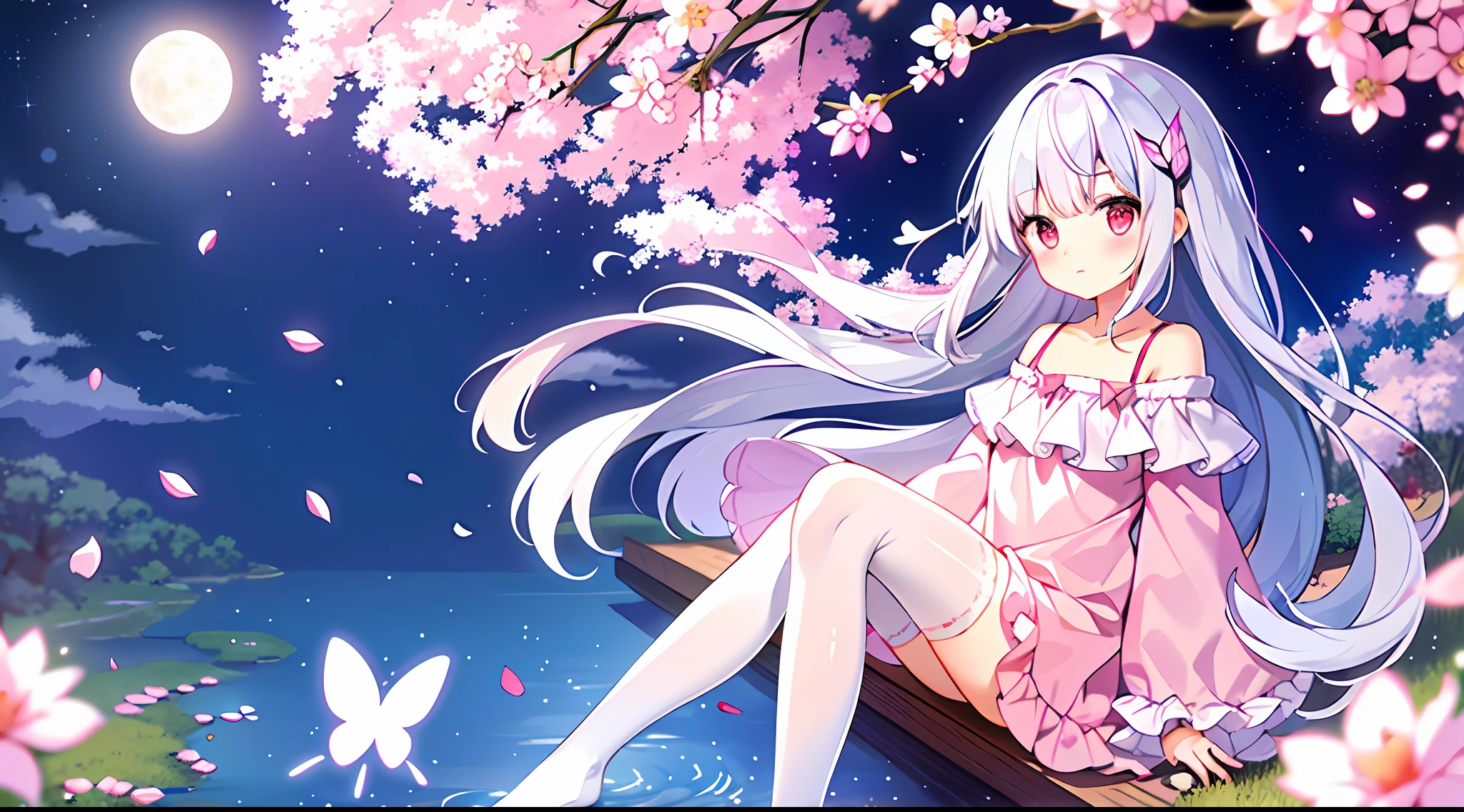 (sitting),petite,(bow),(silver hair),(long hair),(light red eyes),stars in the eyes,hair ornament,(blush),bangs,(a girl in[(nightdress):(((no socks))):0.4]:1.2),(bare shoulder),collarbone,(white thighhighs:1.2),frilled sleeves,looking at viewer,[(night:1.2),peaceful,sky,((full moon)),stars,(in a courtyard),house,water drop,pond,(near by the pond),tree,flower request,wind::0.6],(lridescent light refraction),(floating pink petals:1.2),(fairy butterfly),dreamy