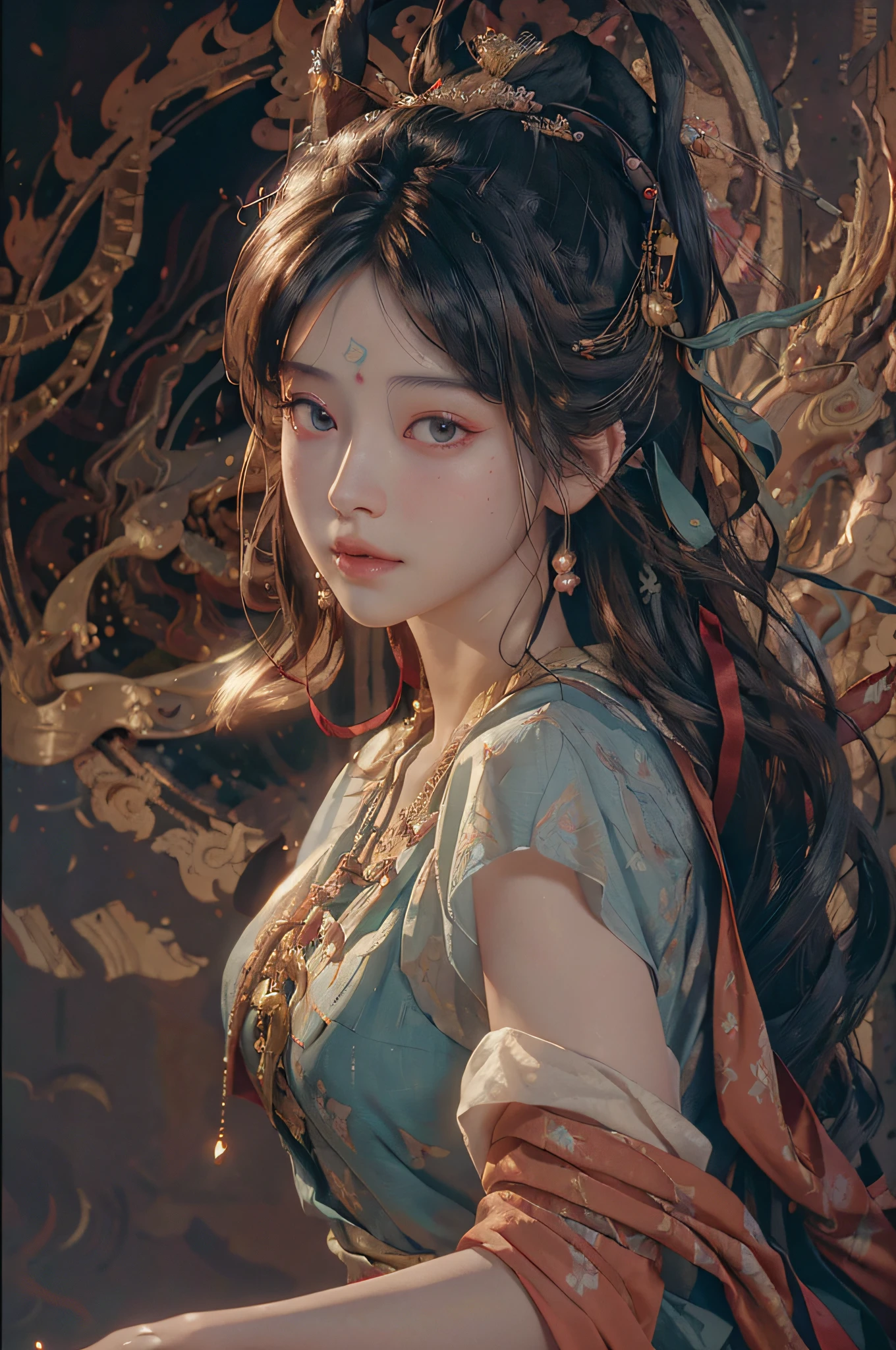 (RAW photo, best quality), (realistic, photo-realistic:1.3),best quality,highly detailed,masterpiece,ultra-detailed,illustration,1girl,upper_body,dynamic angle,world masterpiece theater,messy_long_hair,best quality,extremely detailed CG unity 8k wallpaper,ink,Amazing,cinematic lighting,lens_flare, dunhuang_style