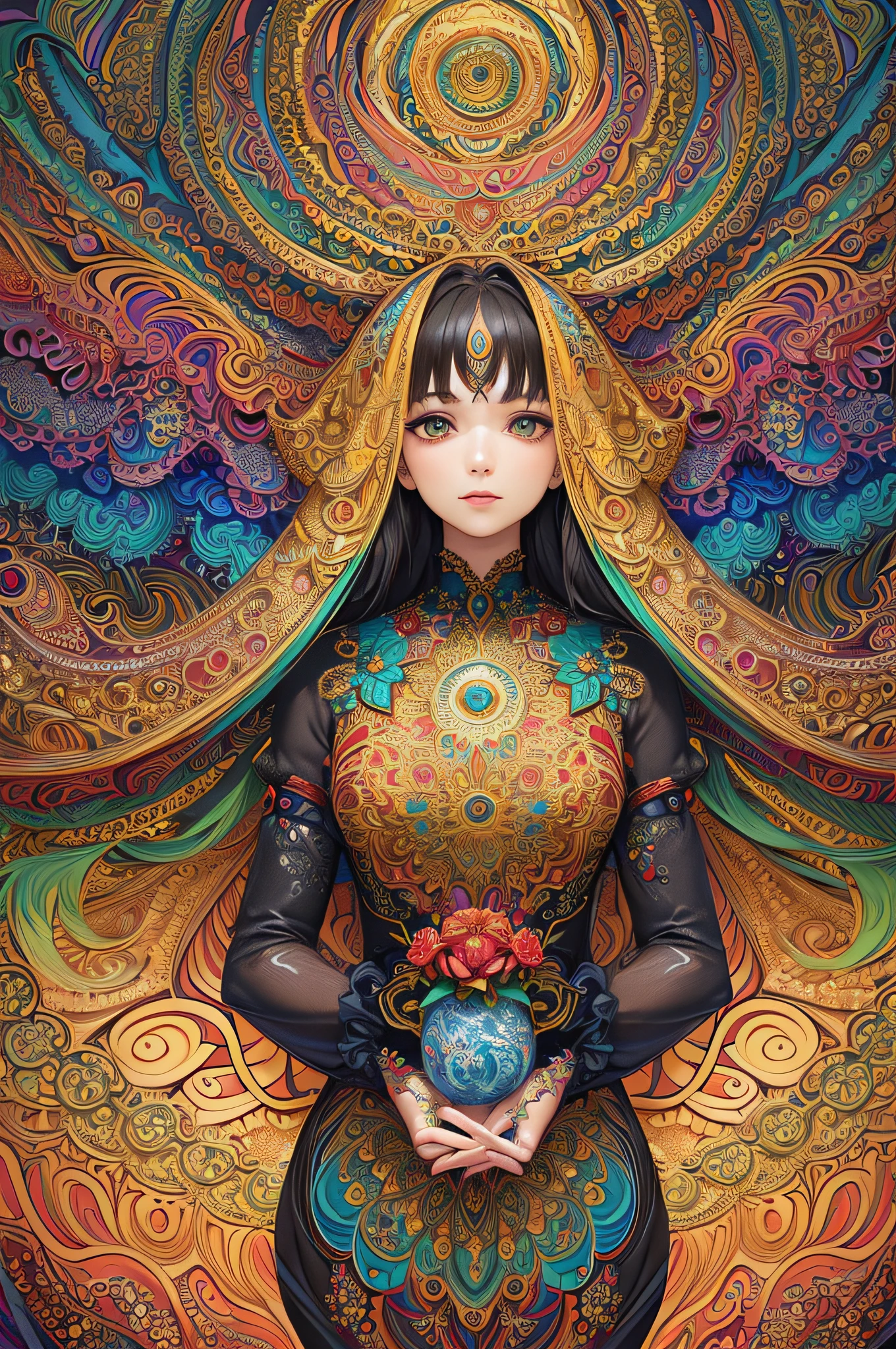 (masterpiece, top quality, best quality, official art, beautiful and aesthetic:1.2), (1girl:1.3), extremely detailed,(fractal art:1.2),colorful,highest detailed,(zentangle:1.2), (dynamic pose), (abstract background:1.5), (treditional dress:1.2), (shiny skin), (many colors:1.4), upper body