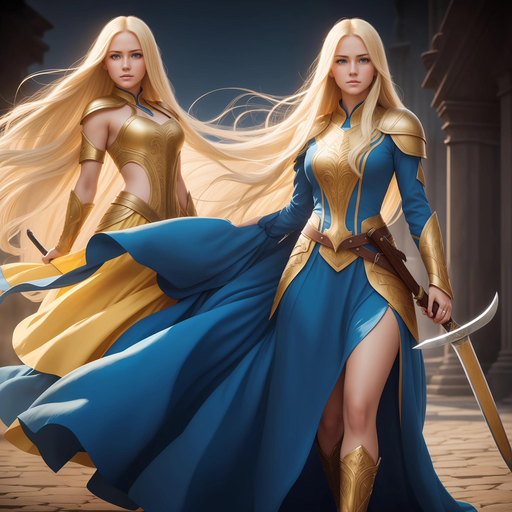 young beautiful woman, blue and yellow dress, full body head to toes, brave face, ultra realistic, long blond hair, detailed face, symmetrical face, fit body, holding a sword, epic backgroung, high image quality