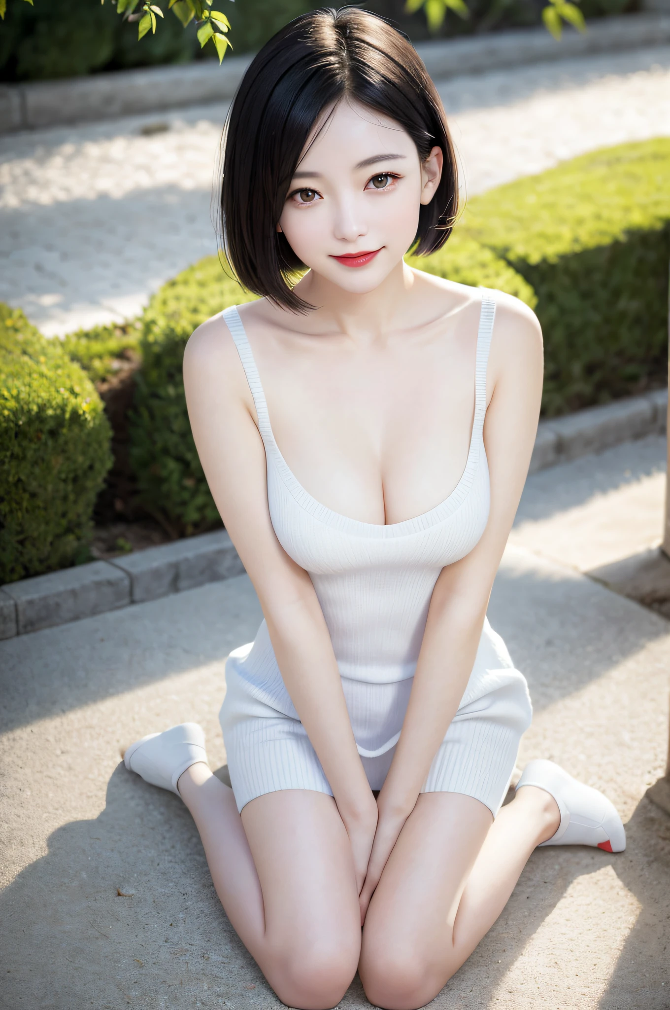 A japanese woman stands in a park in front of beach, exquisite and beautiful face, exquisite collarbone, seductive and delicate collarbone, charming fragrant shoulders, shoulders slightly exposed, open-shoulder long sweater,sky blue sweater, pretty face, (peach Red lips:1.1), tender and smooth skin,(white skin:1.6),(black hair:1.1),(bob hair:1.3), short hair,(smile:1.2),smile with teeth, white teeth,very realistic details, ultra-high resolution,bokeh,outstanding details, full body