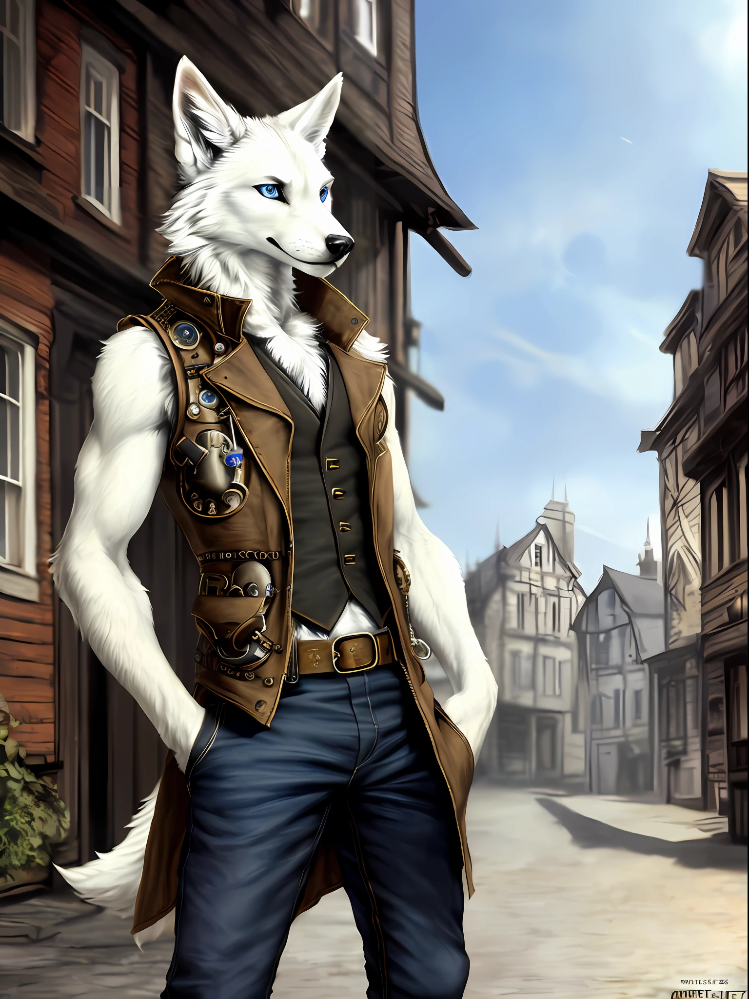 Front view, full height, steampunk, anthro (wolf), male, canine, adult, solo, slim, fit, ((brown vest with pockets, bare arms)), dark pants, correct anatomy, tail, slim, (white fur, detailed fur:1.4), detailed background, steampunk town background, photorealistic, hyperrealistic, ultradetailed, (masterpiece:1.2), epic, natural lighting, (by grimfaust), smiling, high quality ultradetailed blue eyes, barefoot