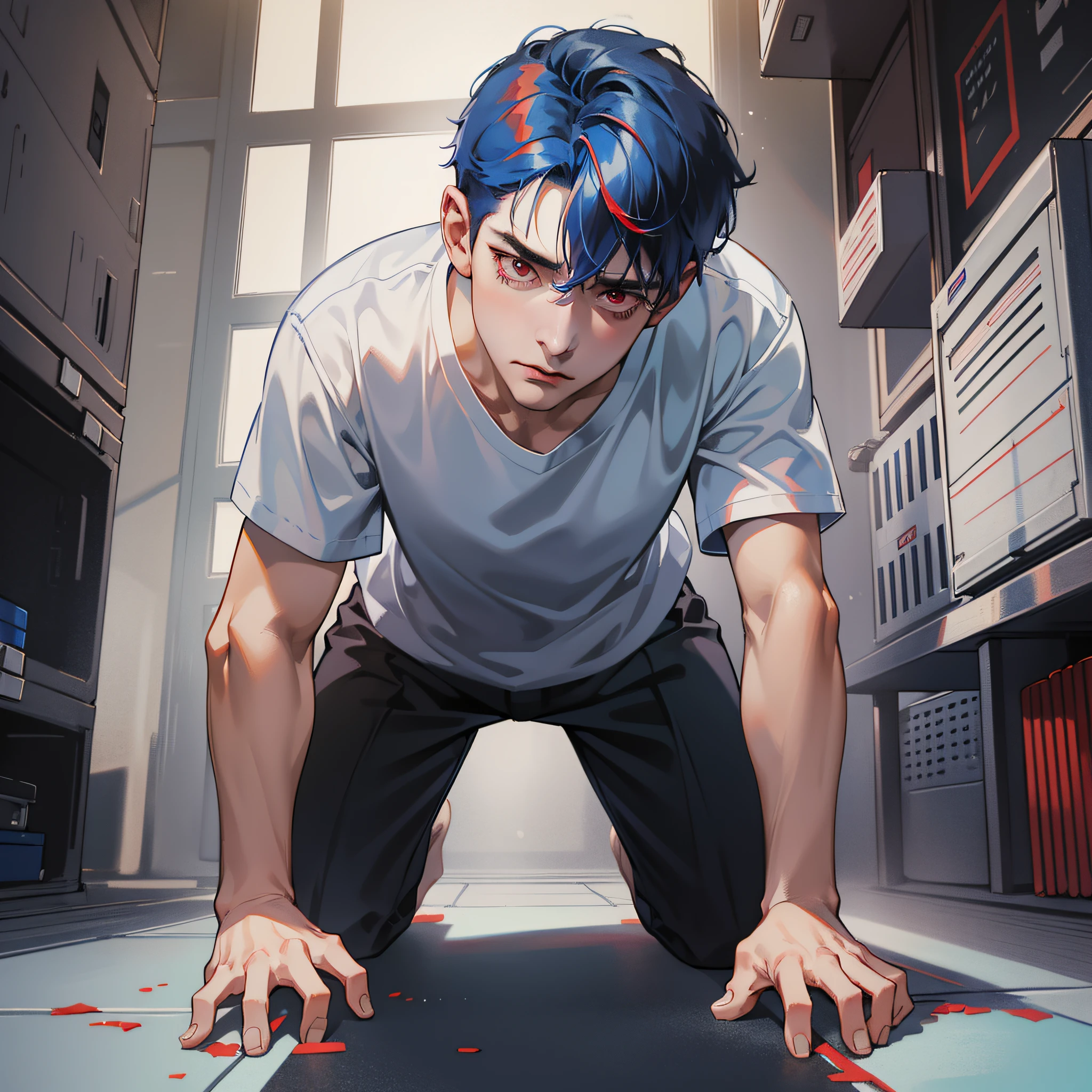 a man,red eyes,Short blue hair,White short sleeves,Kneel on the ground,pain expression,Room scene