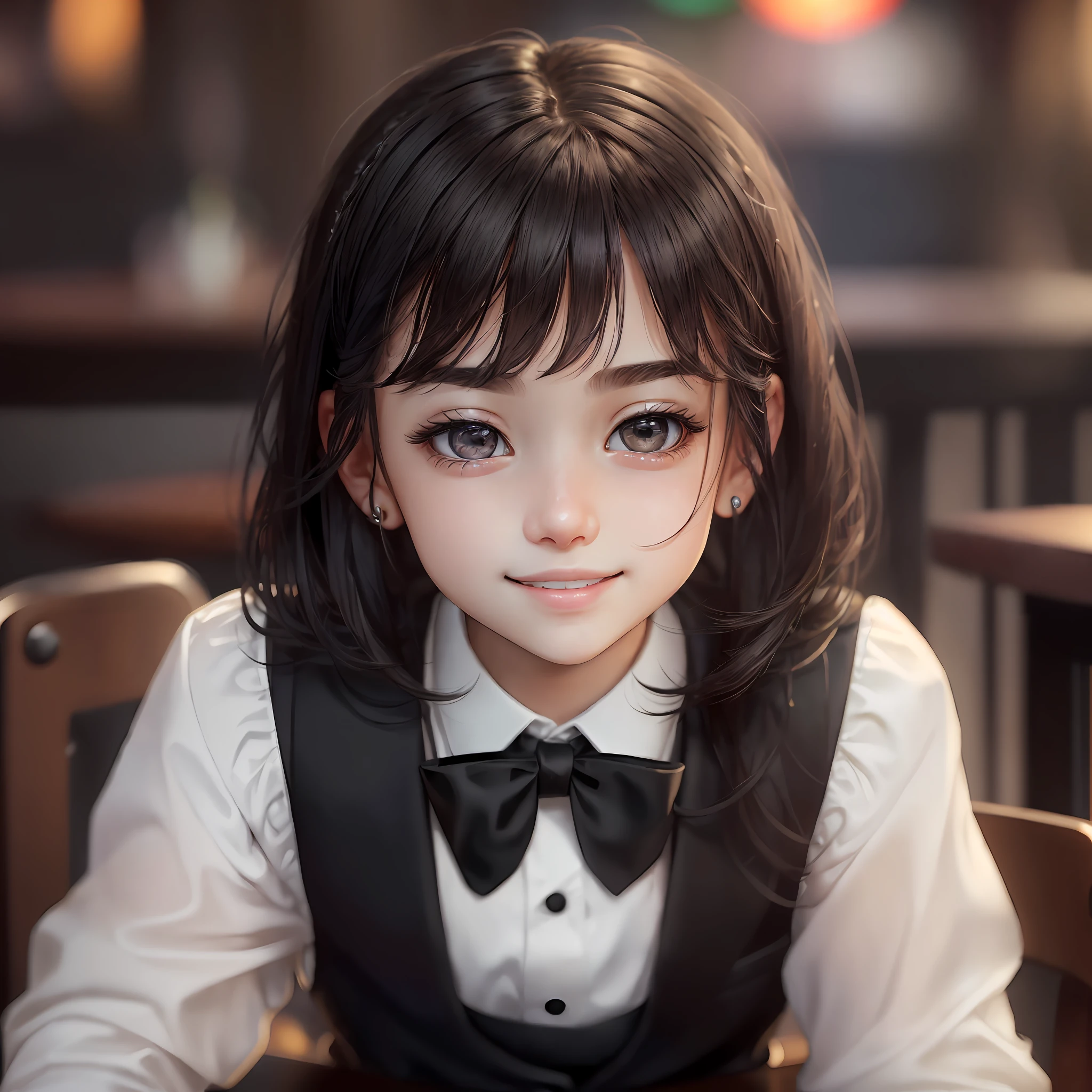 (RAW Photos: 1.2), (Photorealistic: 1.4), (Masterpieces: 1.3), (Best Quality: 1.4), Ultra High Resolution, (Detailed Eyes), (Detailed Facial Features), (Detailed Clothing Features), HDR, 8k Resolution, Bangs, Skin Tightness, (Shiny Skin), (Plump Girl), Dreamy, (Extreme Detail), Landscape, No Text, Virtual Girl-Aim, 1 girl, full body, dark eyes, cute, innocent, (smiling), sitting in pub, high chair, black bow tie, formal attire, vest with black collar, white long sleeve cutter shirt, black pants, bar, cocktail glass on table, black hair tied together, bob, gradient hair, brown hair --auto --s2