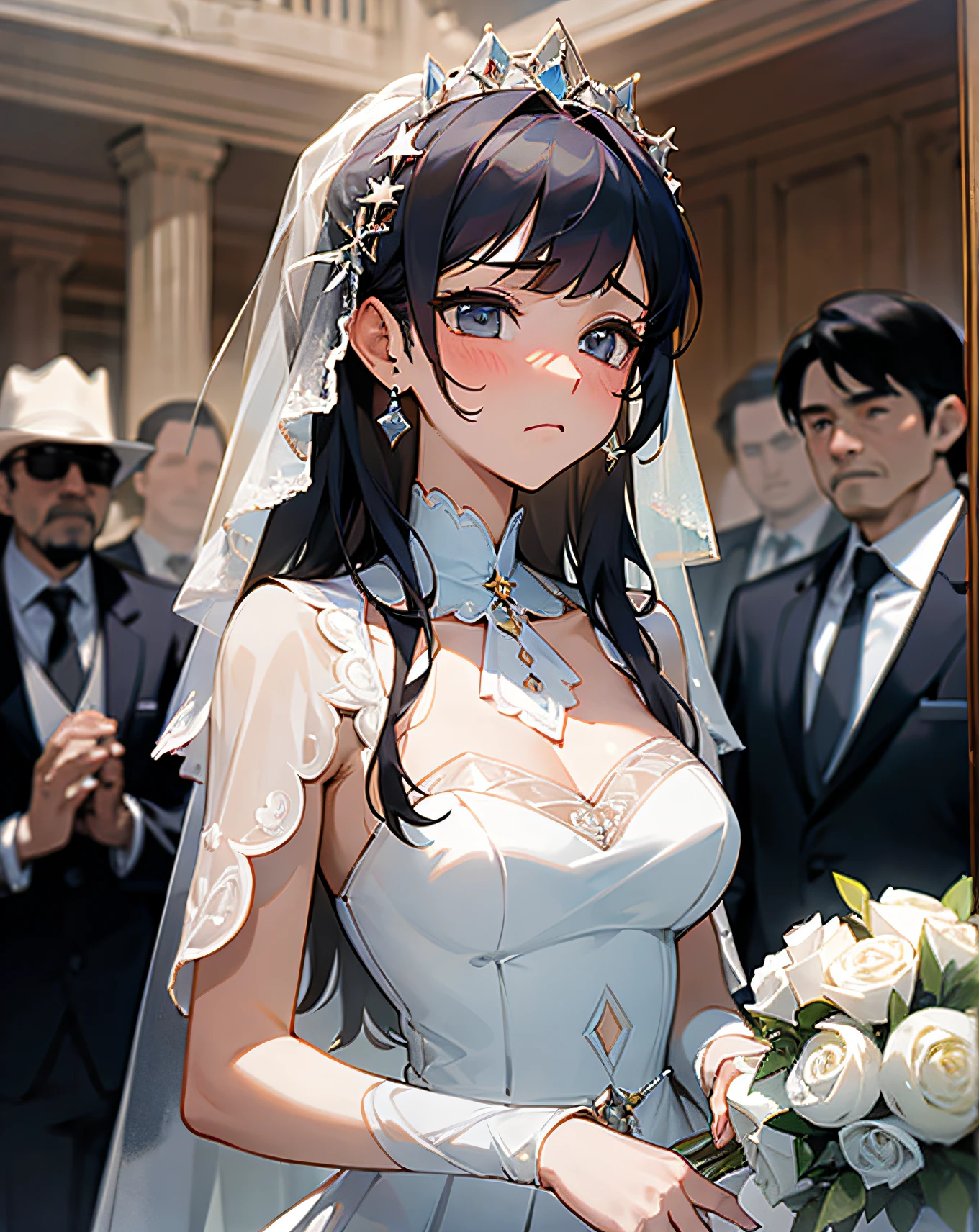 a masterpiece，the best quality，A Western-style wedding bride is expressionless，Unhappy，Wedding scene，Lots of guests，Artie Guélin style