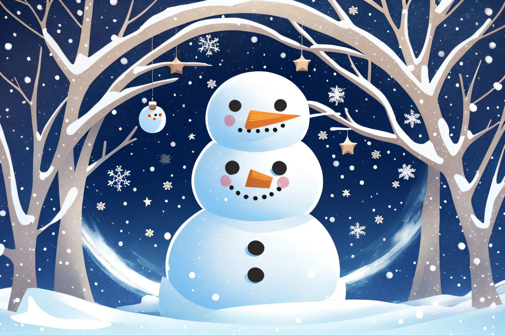 Merry christmas and happy new year greeting card with copy-space.Happy snowman standing in christmas landscape.Snow background.Winter fairytale. --auto --s2