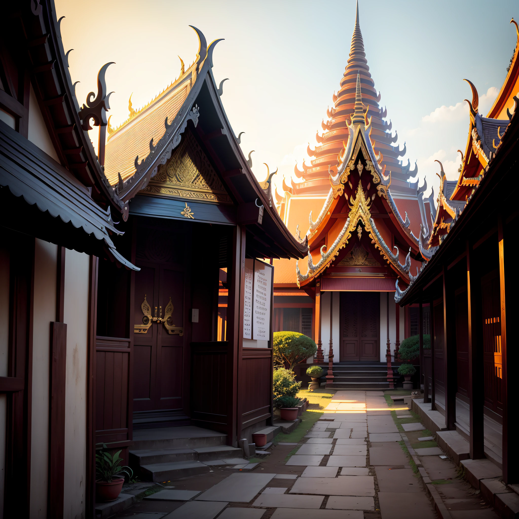 /imagine prompt:wide shot of temple in thailand in a thoroughfare city street, surreal fashion fine art landscape mysterious photography by ellen von unwerth, depth of field, contemporary faux naive, sensuous curves, hyper detailed, hyper realistic, top-down angle, dramatic light, golden hour, warm light, crepuscular rays, thai monk --q 1.5 --ar 1:1 --c 0