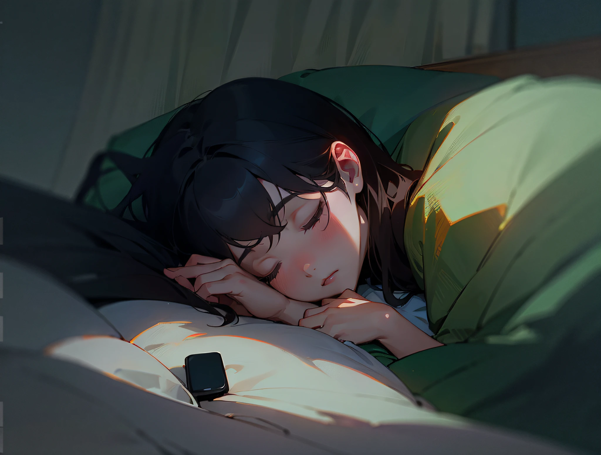 Masterpiece, best quality, dark room woman sleeping, details with a cell phone at the bedside, dim lighting, bedroom,