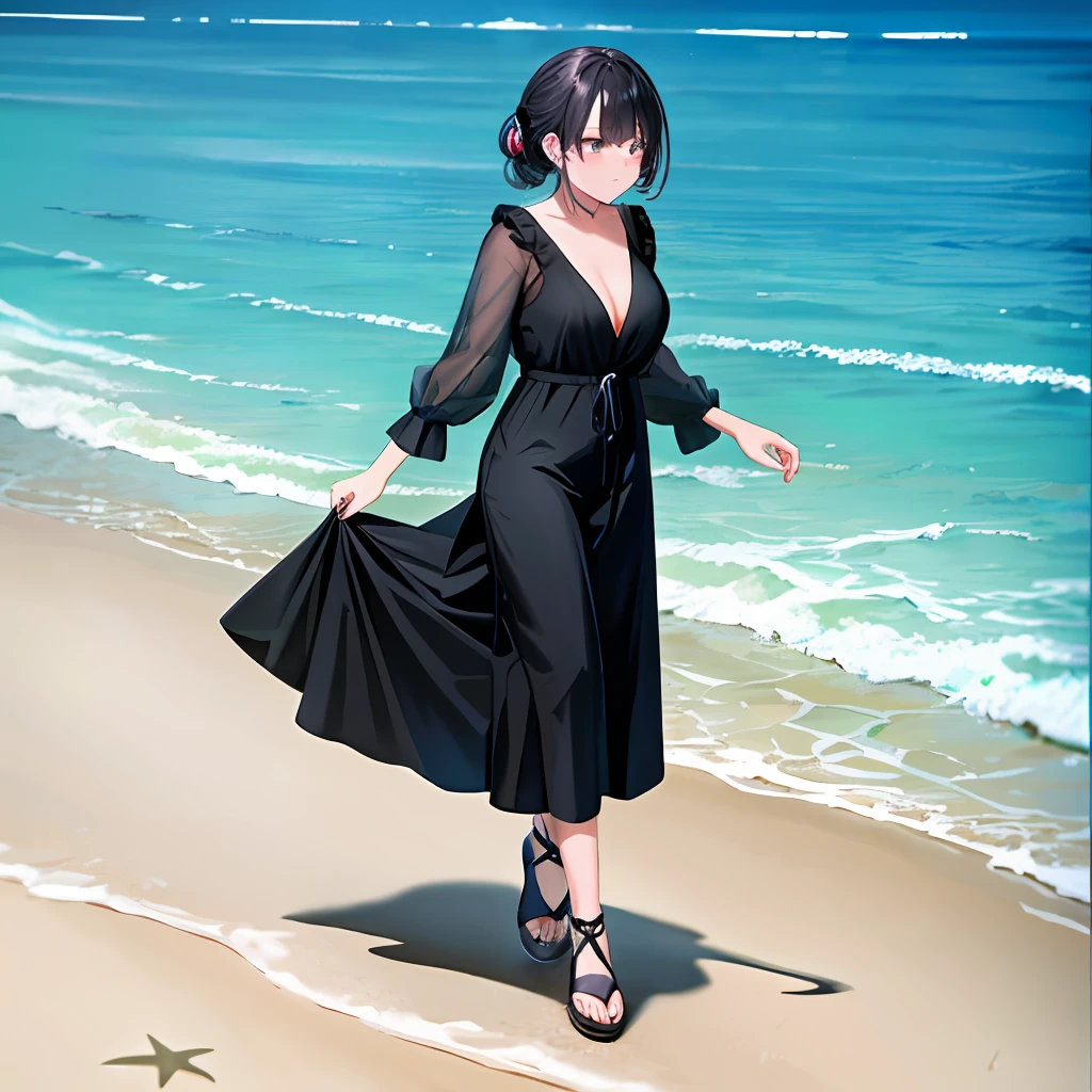 A black silk lady walking on the beach