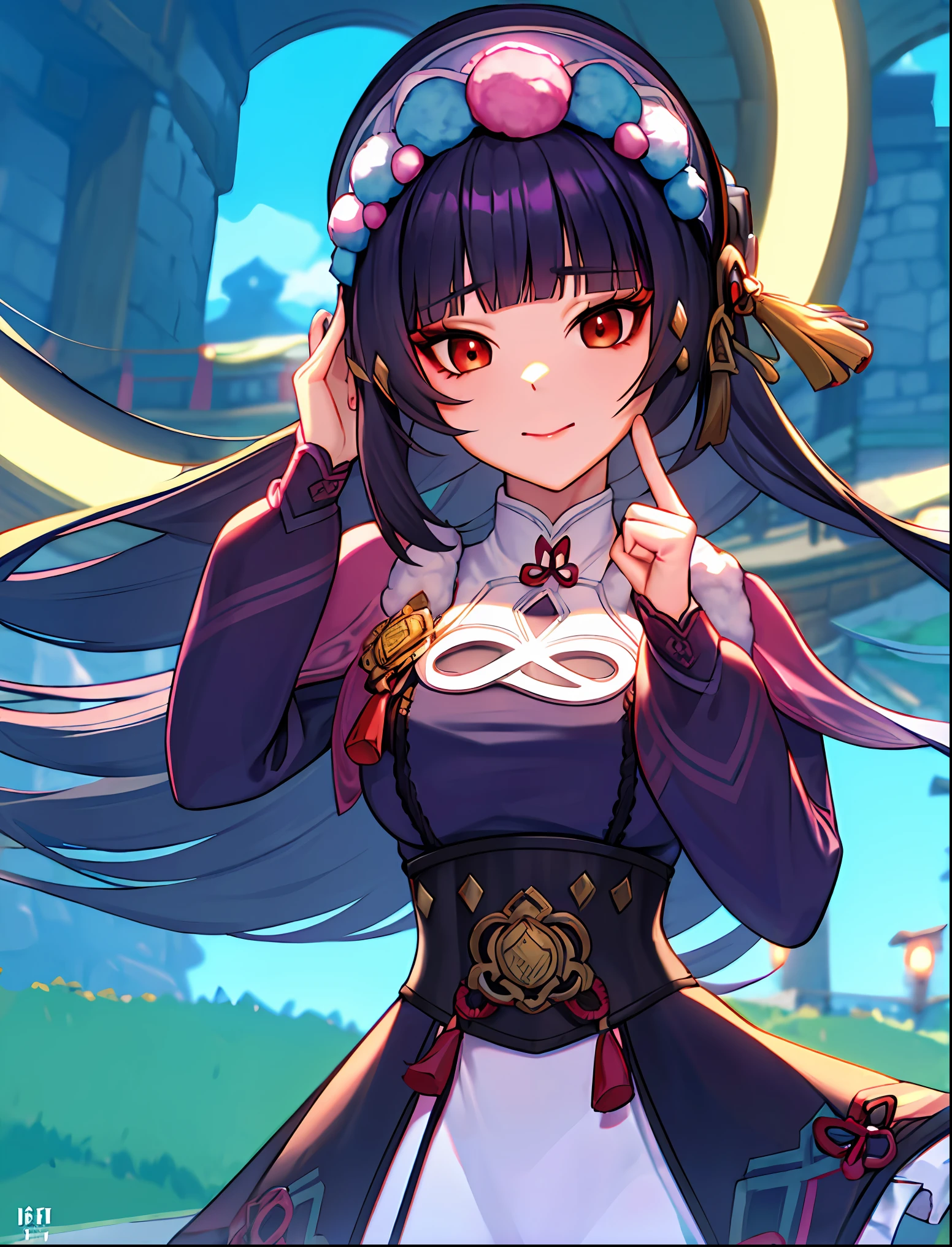 ((masterpiece:1.2)), best quality, pretty face, dramatic lighting,1girl, solo, blunt bangs, hime cut, black corset, black hair, collar, mascara, ((red eyeshadow)), long hair, sidelocks, floating hair, looking at viewer, (makeup), pink capelet, qi lolita, red eyes, puffy long sleeves, bonnet, purple dress, large breasts, underbust, closed mouth, parted lips, light smile, hand up, index finger raised, skirt, (purple pantyhose), Pantyhose Showing Panties, panties under pantyhose, wind blowing skirt, anime screencap, (night sky), east asian architecture, Liyue, tassel, black footwear, (half closed eyes), genshin impact,