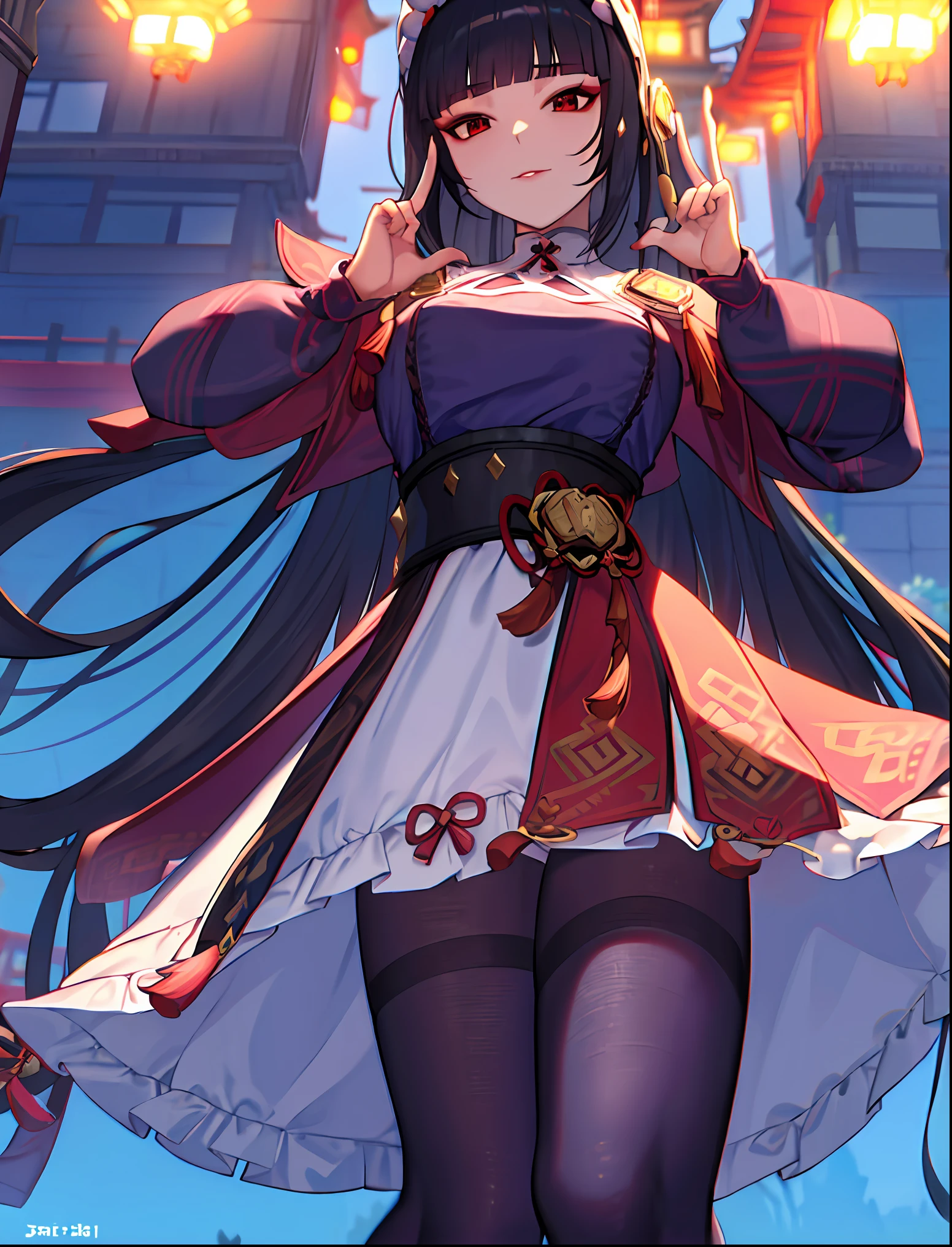 ((masterpiece:1.2)), best quality, pretty face, dramatic lighting,1girl, solo, blunt bangs, hime cut, black corset, black hair, collar, mascara, ((red eyeshadow)), long hair, sidelocks, floating hair, looking at viewer, (makeup), pink capelet, qi lolita, red eyes, puffy long sleeves, bonnet, purple dress, large breasts, underbust, closed mouth, parted lips, light smile, hand up, index finger raised, skirt, (purple pantyhose), Pantyhose Showing Panties, panties under pantyhose, wind blowing skirt, anime screencap, (night sky), east asian architecture, Liyue, tassel, black footwear, (half closed eyes), genshin impact,