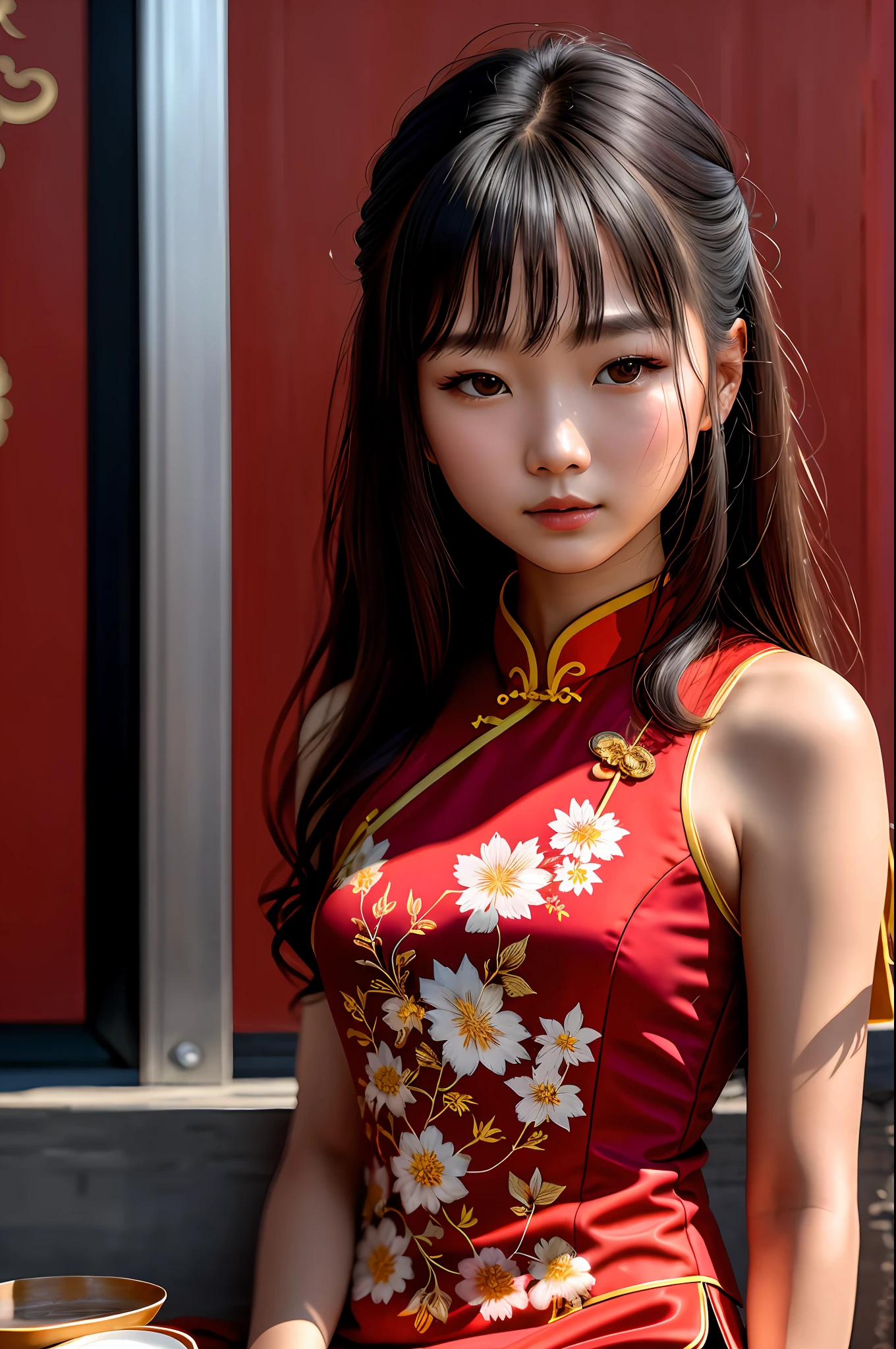RAW，analog，Nikon Z 85 mm，Front lighting，winning photograph，（（Bestquality）），（（a masterpiece）），Chinese girl cheongsam with high slit slit，18 years old，（long brown hairs），Sit outside a Parisian café，The background is the red wall of the Forbidden City，petite，Naive，Petals in the air，intricately detailed，highly-Detailed，Focus is clear，specialized，4k，Spring，god rays，Hand model，petite，delicate，Naive, Primetime, high res, detailed facial features, High Detail, Sharp focus, smooth，, aesthetic, Extremely detailed, photos_\(hyper\), Maximum detail, roughness, Real life, hyper realistic, Photo realism, cinematography, 8K UHD, cinematography,Semi-silhouette light，Russian face