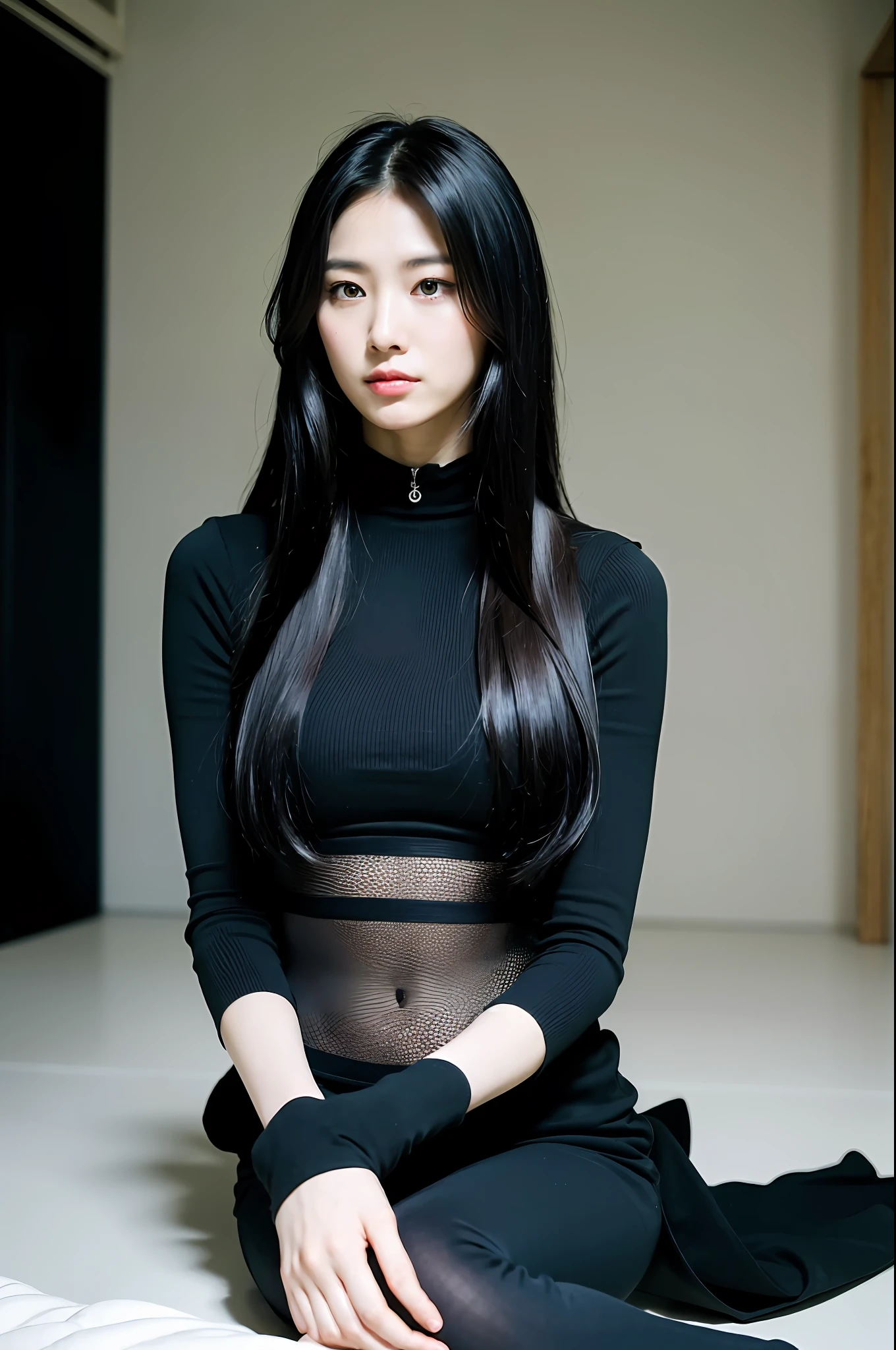 Amazingly beautiful Japan woman in black clothes with a height of 175 cm、It sat gracefully. The room was illuminated by bright fluorescent lights, The woman's long black hair cascaded down, A face full of melancholy、and her elegant demeanor complemented her supple figure.