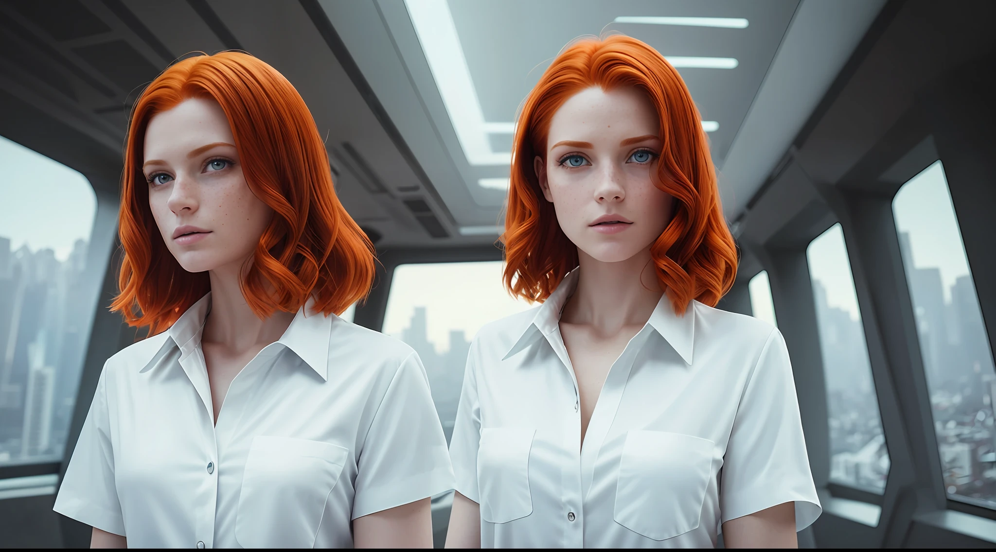 17mm ultra-wide angle, portrait of a (redhead: 1,2), freckles, living on futuristic city street,: white shirt: 18, slate atmosphere, light room, 35mm film, cinematic, colors dimmed, dark shot, muted colors, grainy film, lut, insane detail, intricate detail, hyperdetailed, close-up, twilight, futuristic clothing