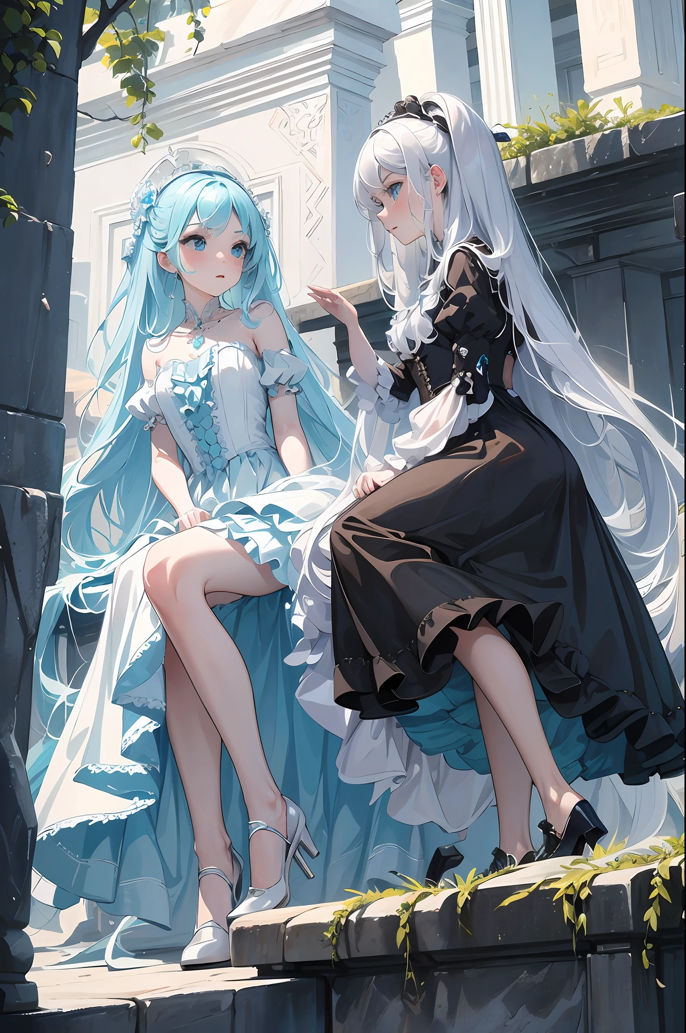 (a masterpiece,Top Quality,Bestquality,offical art,Beauty and aesthetics:1.2 naked royal sisters),(1 girl:1.3 pcs),(fractal art:1.3 pcs),Vibrant aqua blue eyes, Medium hair with tassels,s whole body,Round-ta shoes,heeled shoes(Blue bow shoe clip),White stockings