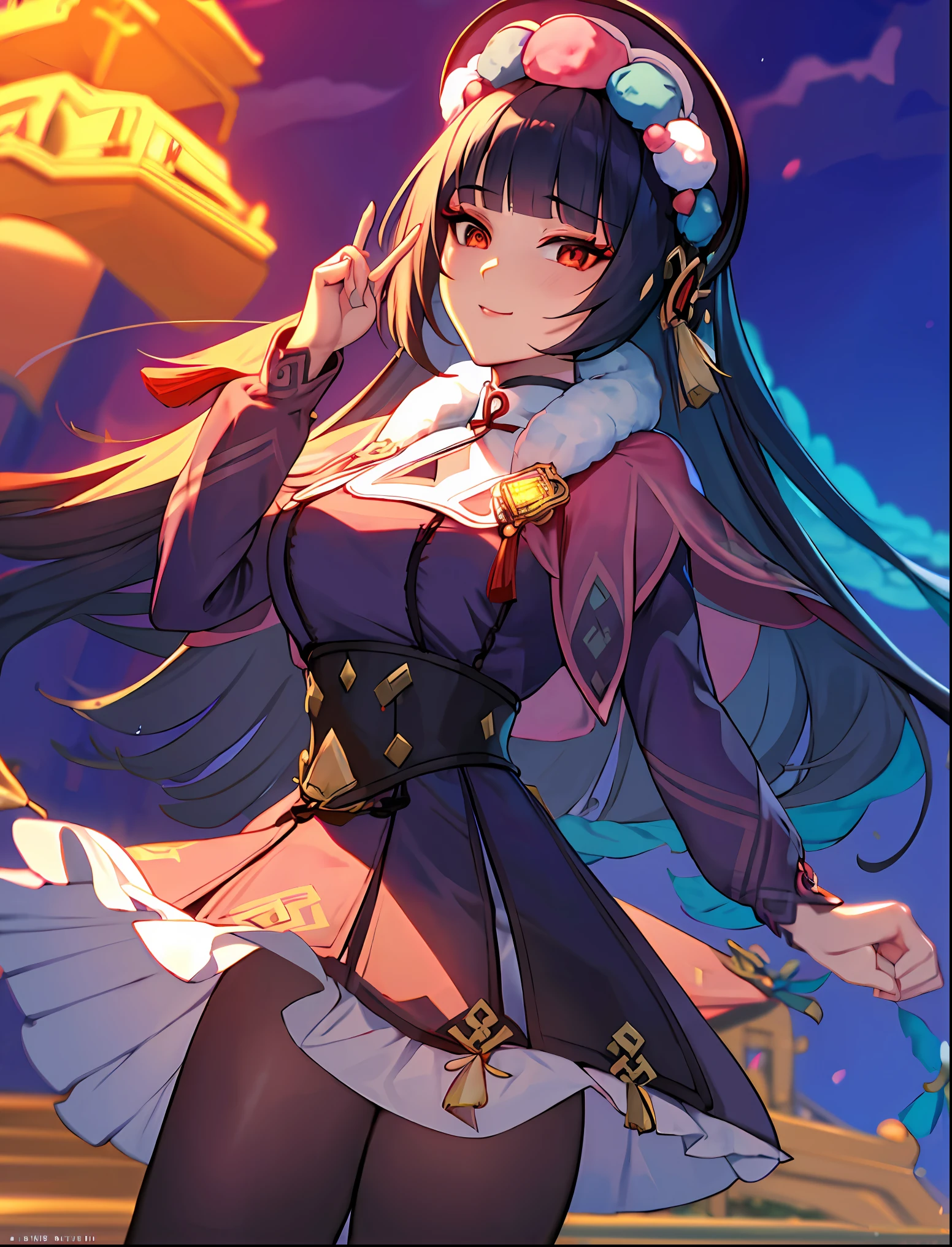 ((masterpiece:1.2)), best quality, pretty face, dramatic lighting,1girl, solo, blunt bangs, hime cut, black corset, black hair, collar, mascara, ((red eyeshadow)), long hair, sidelocks, floating hair, looking at viewer, (makeup), pink capelet, qi lolita, red eyes, puffy long sleeves, bonnet, purple dress, large breasts, underbust, closed mouth, parted lips, light smile, hand up, index finger raised, skirt, (purple pantyhose), Pantyhose Showing Panties, panties under pantyhose, wind blowing skirt, anime screencap, (night sky), east asian architecture, Liyue, tassel, black footwear, (half closed eyes), genshin impact,