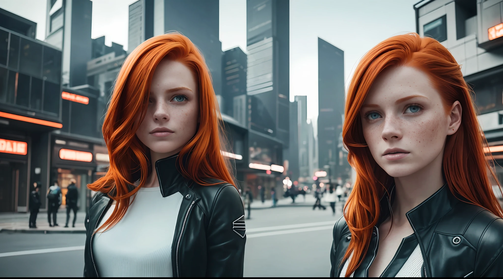17mm ultra-wide angle, portrait of a (redhead: 1,2), freckles, living on futuristic city street,: white shirt: 18, slate atmosphere, light room, 35mm film, cinematic, colors dimmed, dark shot, muted colors, grainy film, lut, insane detail, intricate detail, hyperdetailed, close-up, twilight, futuristic clothing
