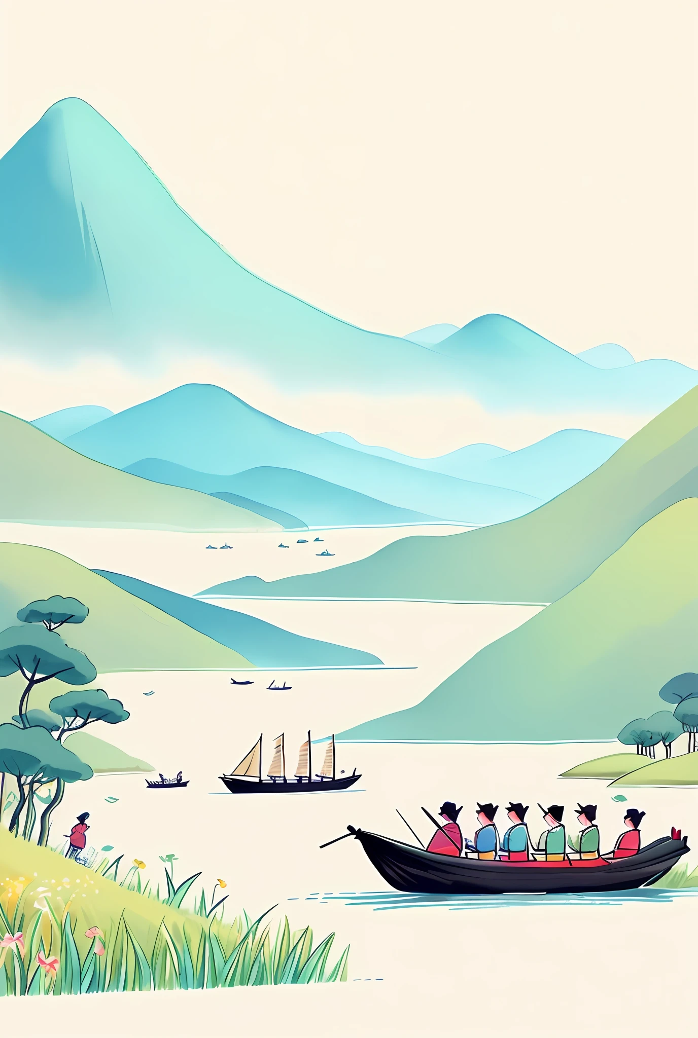 the summer,,There are many people on the water boat,People on board rowing,There are two boats in total,Dragon boat racing,Dragon boat racing,Dragon head boat,The ship is a dragon,There are no sails,There are no sails,Mountains are zongzi,Zongzi Mountain,full page illustration,portfolio illustration,detailed digital illustration,poster illustration,flatillustration,full color illustration,colored illustration,full page illustration,game illustration,digital illustration,Illustration,editorial illustration colorful,commercial illustration,colored illustration,a beautiful artwork illustration,5 d illustration