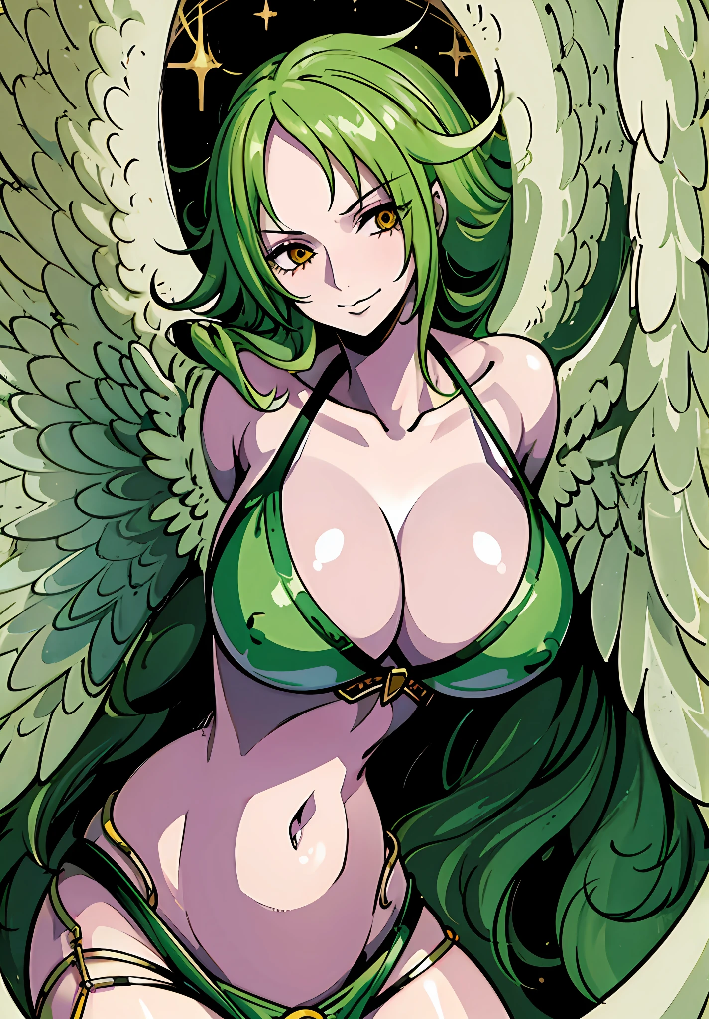 a girl, green hair, harpy wings, harpymonet