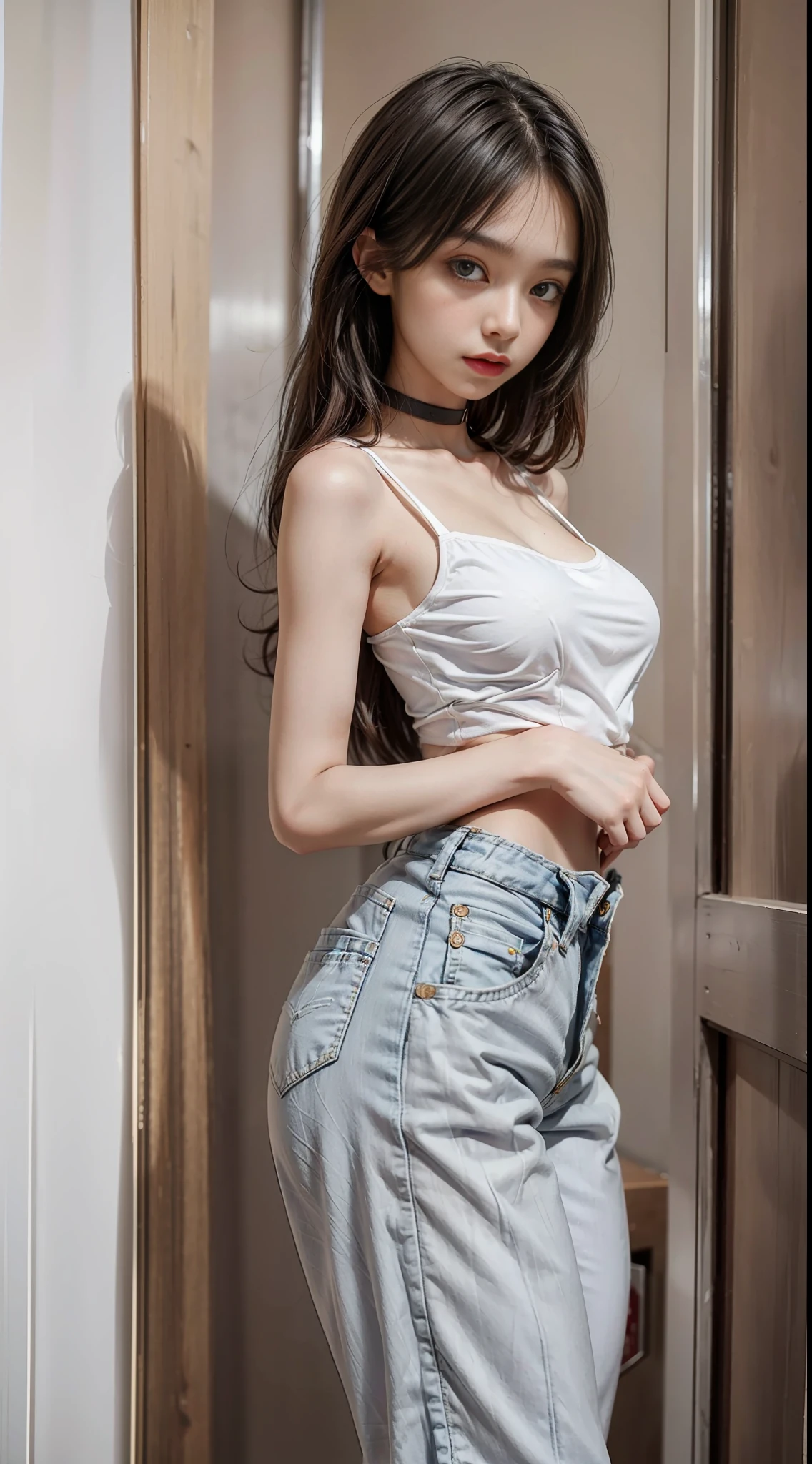 Girl posing for photo with white bra and tight denim, with cropped t-shirt, bra and streetwear, slim figure, smaller bust, slim girl model, 24 year old female model,