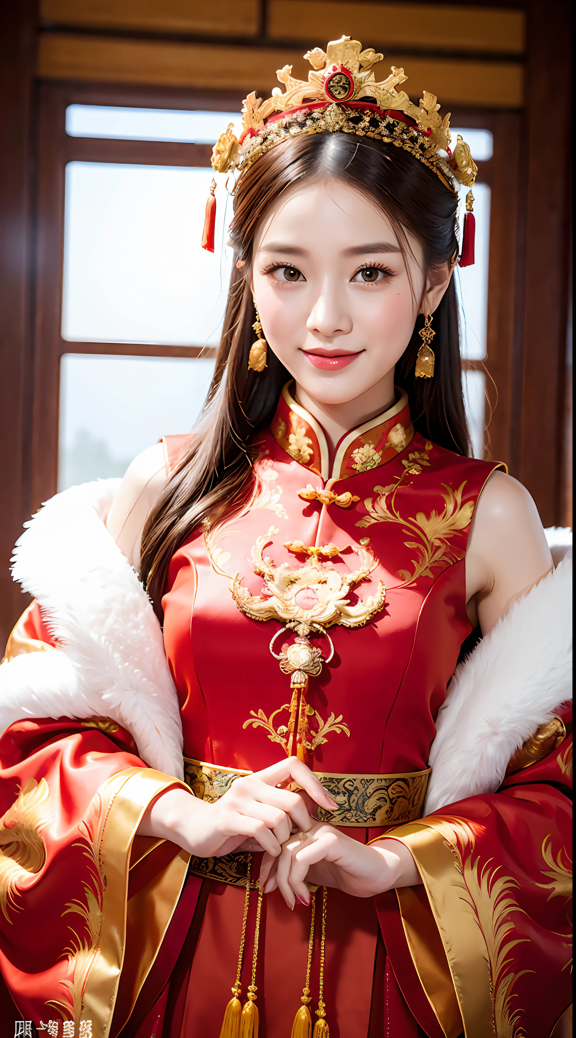 (8k, RAW Photo, Best Quality, Masterpiece: 1.2), (Realistic, Realistic: 1.37), 1 Girl, Woman in Red Dress and Headdress Posing for Photo, Gorgeous Role Play, Beautiful Costume, Chinese Dress, Complex Dress, Complex Costume, Traditional Beauty, Gorgeous Chinese Model, Chinese Costume, Wearing Gorgeous Costume, Wearing Elegant Chinese Xiuhe Dress, Chinese Wedding Dress, Phoenix Crown Xia Hanging, Antique Bride, Xiuhe Costume, Close Up, Wearing Phoenix Crown, Smile, No Watermark, Dragon and phoenix embroidered dress