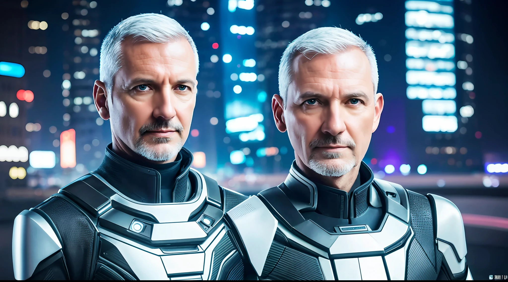 RAW photo, close-up portrait of 45-year-old man in futuristic clothing, short haircut, pale skin, slim body, futuristic city background (highly detailed skin: 1.2), 8k uhd, dslr, soft lighting, high quality, film grain, Fujifilm XT3, character alone in the center of the image, around fill with elements of the environment