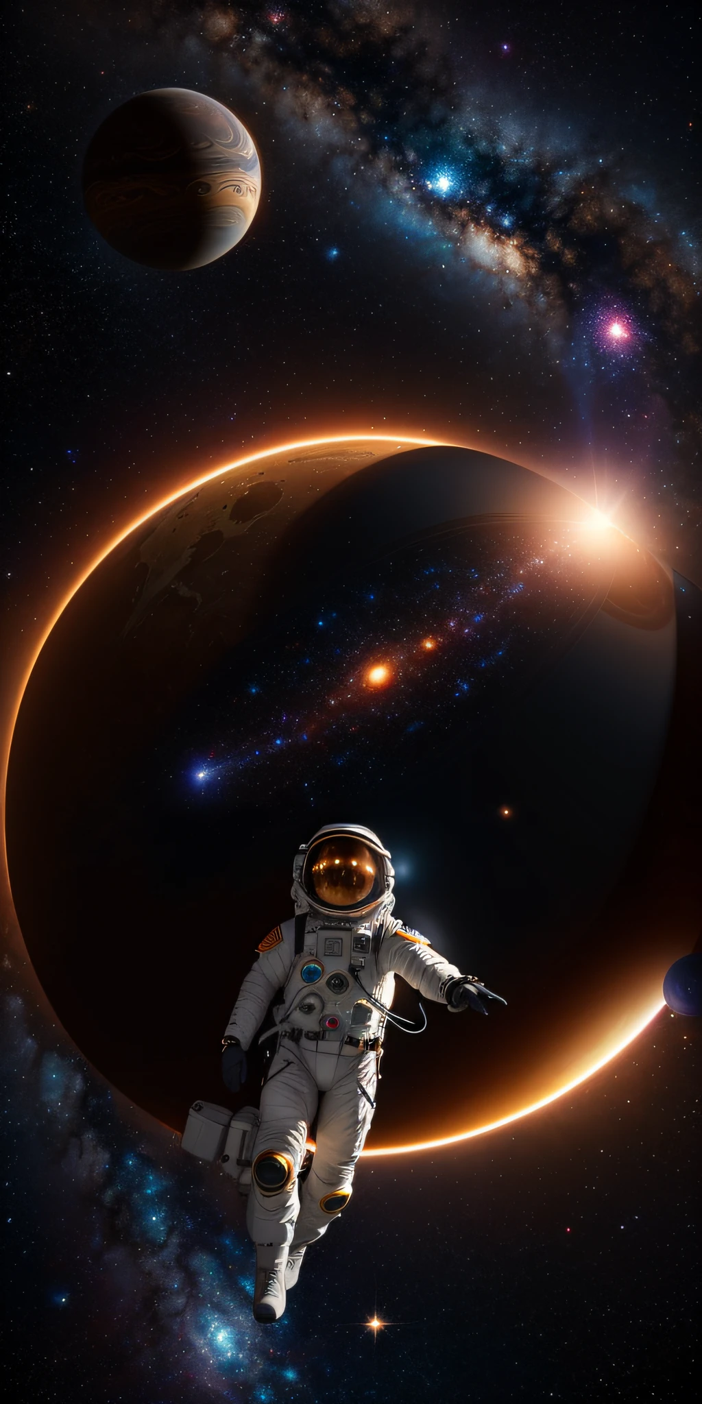 ((master)), ((best quality)), ultra-detailed CG unity 8k wallpaper, incredibly delicate and beautiful illustration, floating, high resolution, dynamic, ((1girl)), brown eyes, brown hair, astronaut suit, dark black background, stellar space, large white luminescent stars, a huge black hole in the background, colorful planets floating in a cosmic maelstrom.