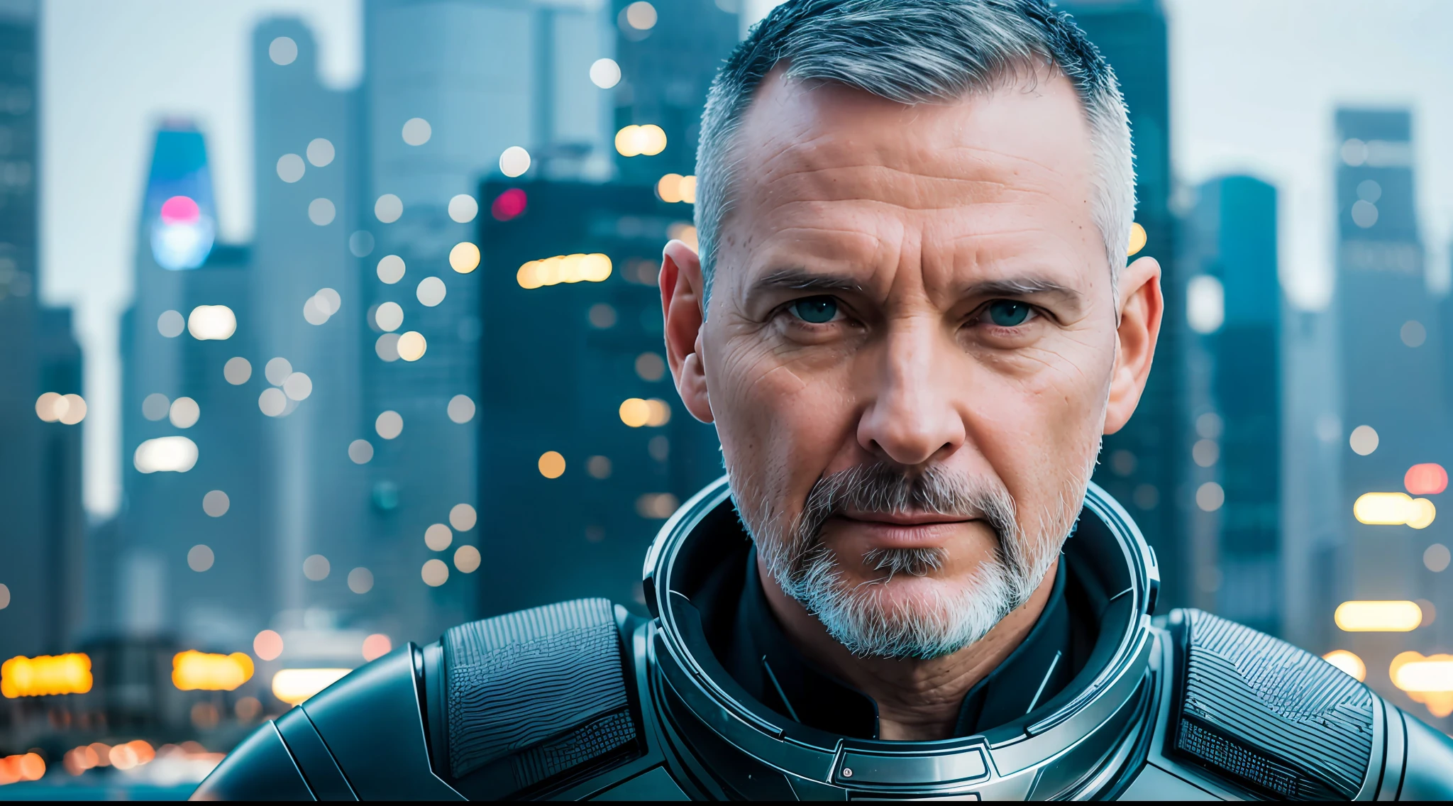 RAW photo, close-up portrait of 45-year-old man in futuristic clothing, short haircut, pale skin, slim body, futuristic city background (highly detailed skin: 1.2), 8k uhd, dslr, soft lighting, high quality, film grain, Fujifilm XT3, character alone in the center of the image, around fill with elements of the environment