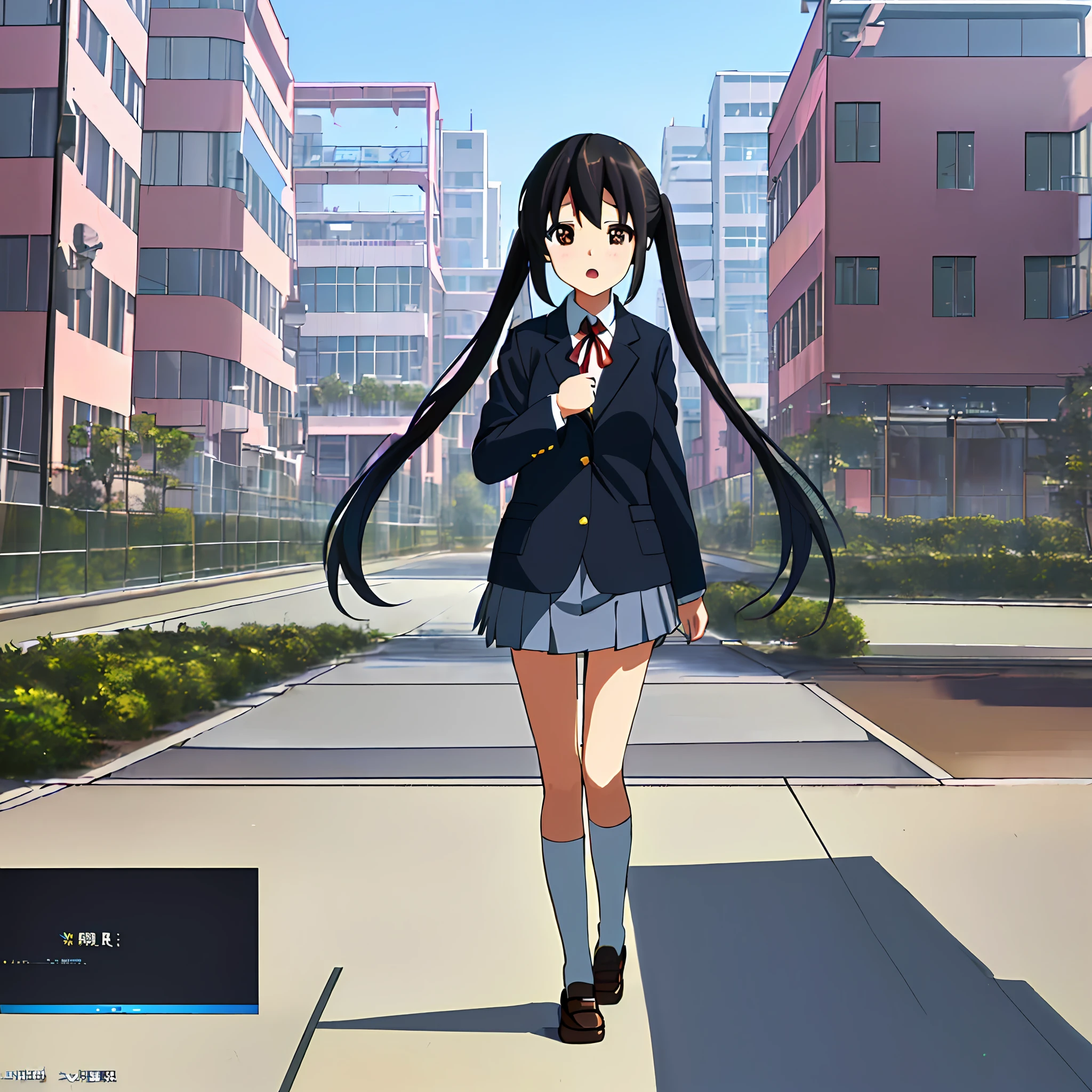 1girl, ((((Masterpiece))), Best Quality, Best Quality, High Detail, Azusa Nakano, 1girl, Sakuragaoka High School Uniform, Musical Instrument, School Uniform, Twin Tails, Long Hair, Black Hair, Brown Eyes, Solo, Red, Dark blue blazer with a thin ribbon of red, Solid white button shirt under blazer, Illustration, Cartoon, Soothing tones, Muted colors, Soft cinematic light, Adobe Lightroom, Photo Lab, HDR, complex and highly detailed, (((depth of field))))). (((Masterpiece))). (((highest quality))).) ((super detail))). (((Illustration))). (((Outside))). (((fighting stance))).,((((Giantization))).dynamic focus.small breasts. (((skyscrapers))). (((Cityscape))). (((Face of sadness))). open mouth、make a fist.