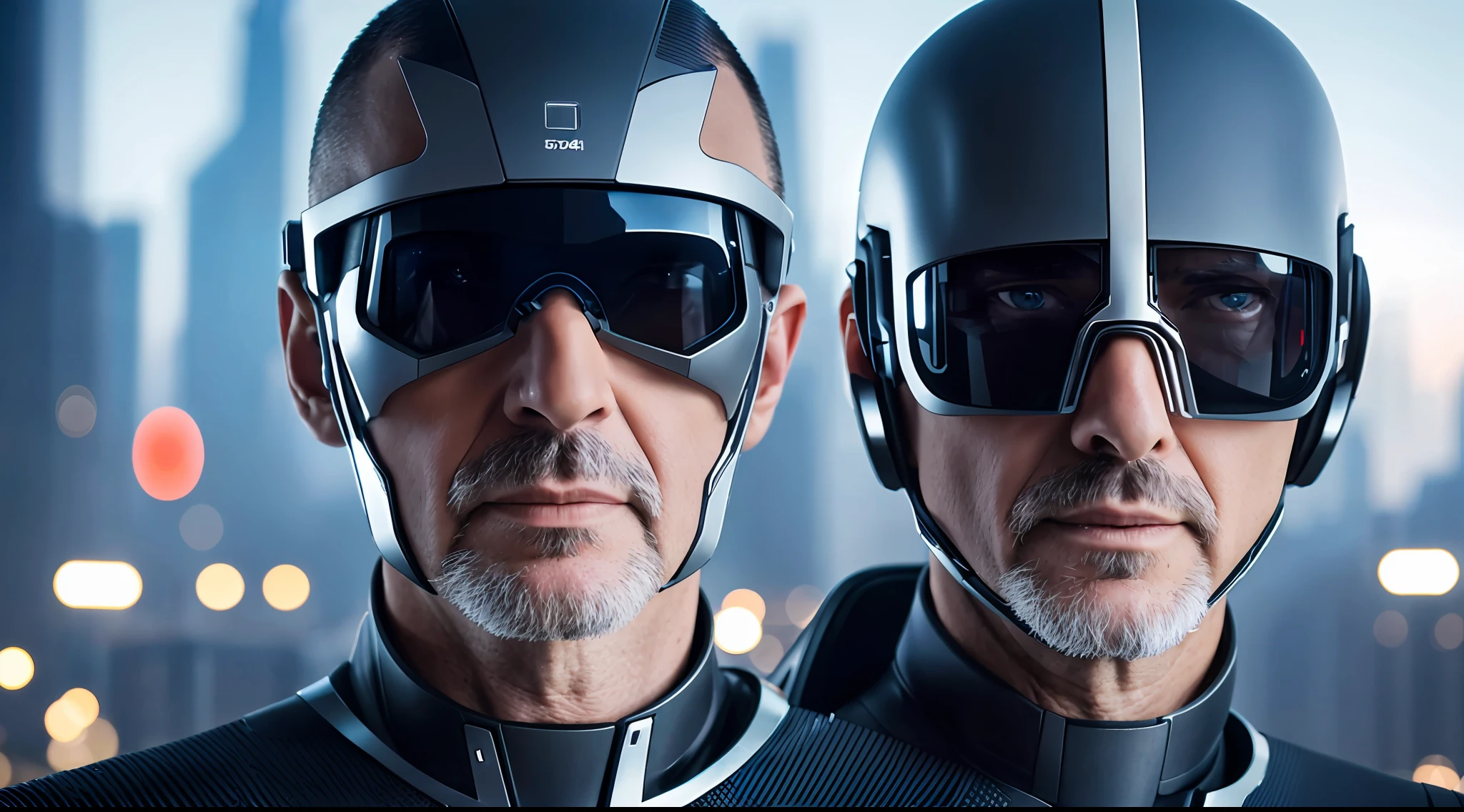 RAW photo, close-up portrait of 45-year-old man in futuristic clothing, short haircut, pale skin, slim body, futuristic city background (highly detailed skin: 1.2), 8k uhd, dslr, soft lighting, high quality, film grain, Fujifilm XT3, character alone in the center of the image, around fill with elements of the environment