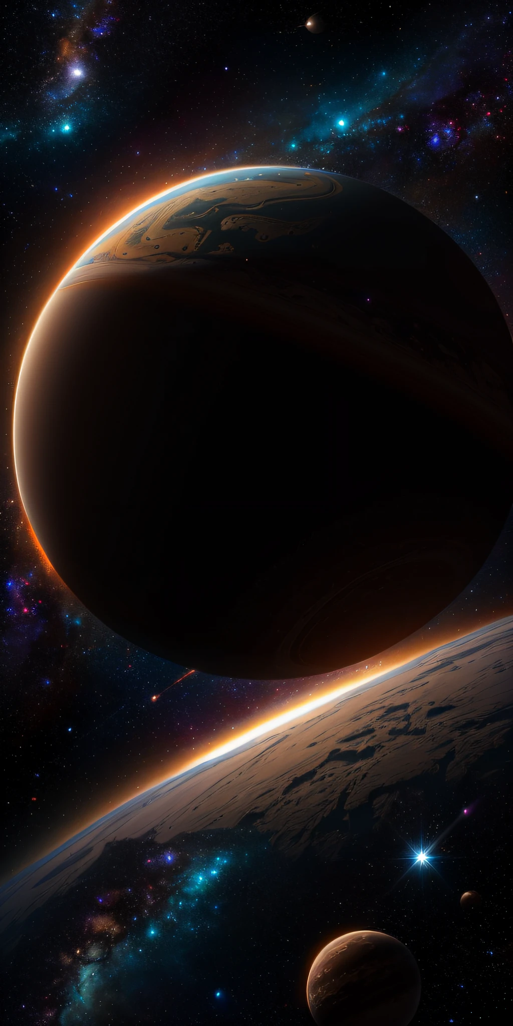 ((master)), ((best quality)), ultra-detailed CG unity 8k wallpaper, incredibly delicate and beautiful illustration, floating, high resolution, dynamic, ((1girl)), brown eyes, brown hair, astronaut suit, dark black background, stellar space, large white luminescent stars, a huge black hole in the background, colorful planets floating in a cosmic maelstrom.