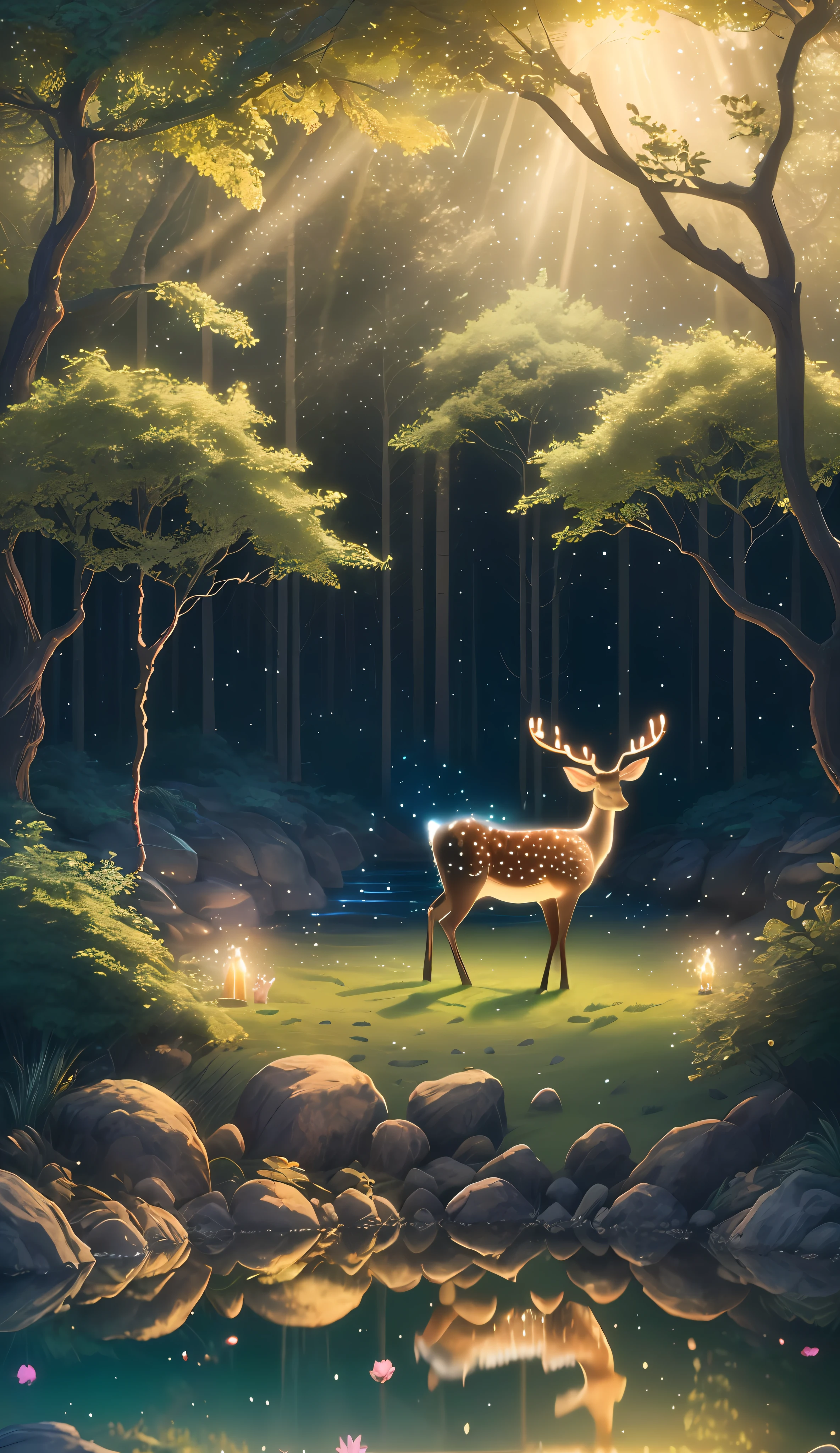 Masterpiece, best quality, (very detailed CG unified 8k wallpaper), (best quality), (best illustration), (best shadow), glowing deer, with a glowing deer, drinking water in the pool, natural elements in forest theme. Mysterious forest, beautiful forest, nature, surrounded by flowers, delicate leaves and branches surrounded by fireflies (natural elements), (jungle theme), (leaves), (branches), (fireflies), (particle effects) and other 3D, Octane rendering, ray tracing, super detailed