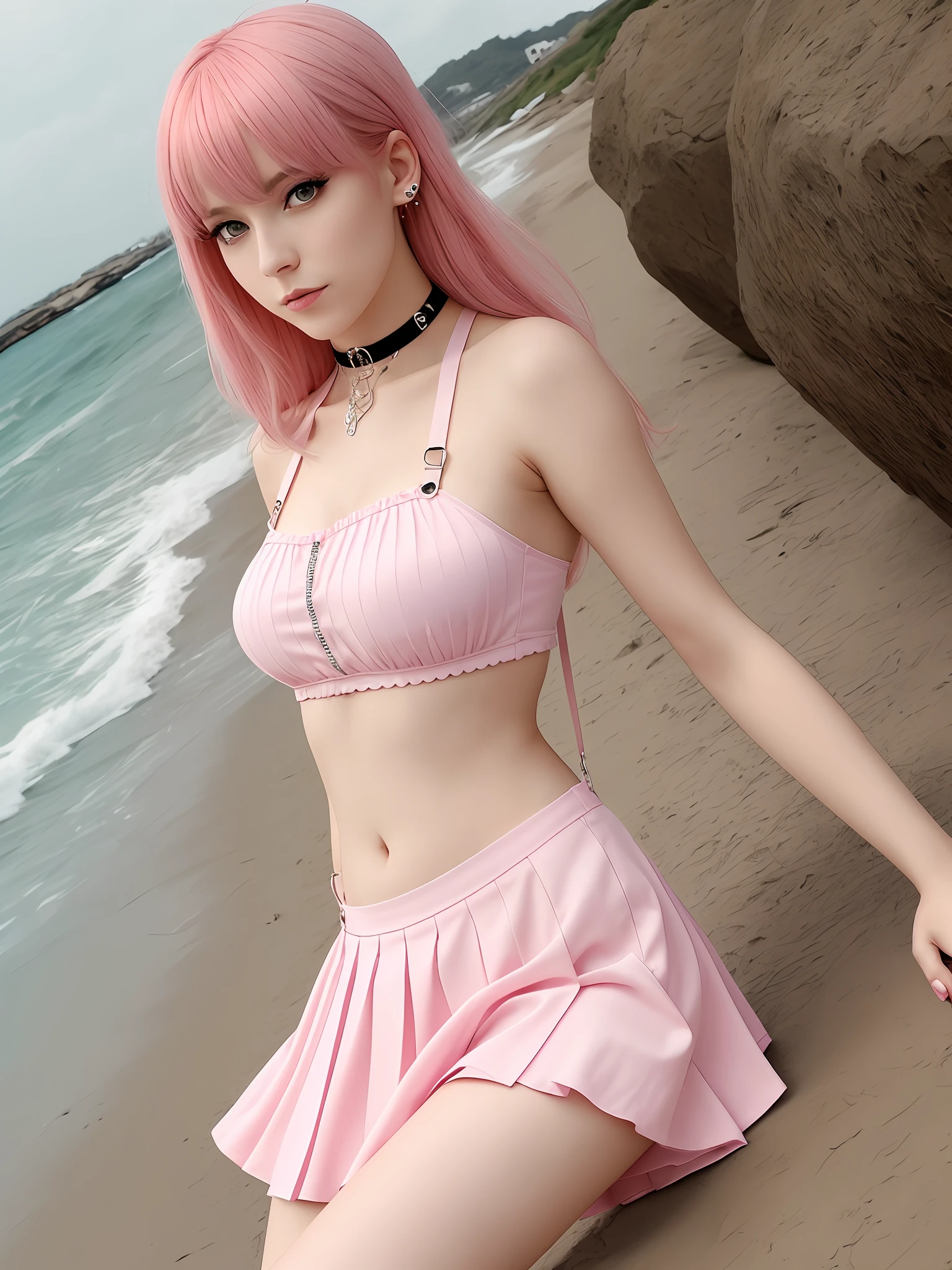beauty woman,pink hair,Big pink eyes,Delicate facial features,White skin, beautiful long legs,JK skirt,suspenders,Stud earrings,Choker,D-cup bre,beach