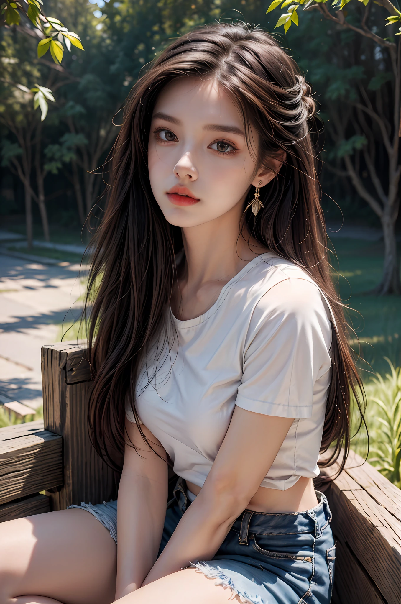 Best quality, masterpiece, super high resolution, (realistic: 1.4), original photo, (evening street), 1 girl, black eyes, looking at the audience, long hair, light makeup, lips, small ears, white t-shirt, denim shorts, earrings, sitting Ferrari, big breasts, slim