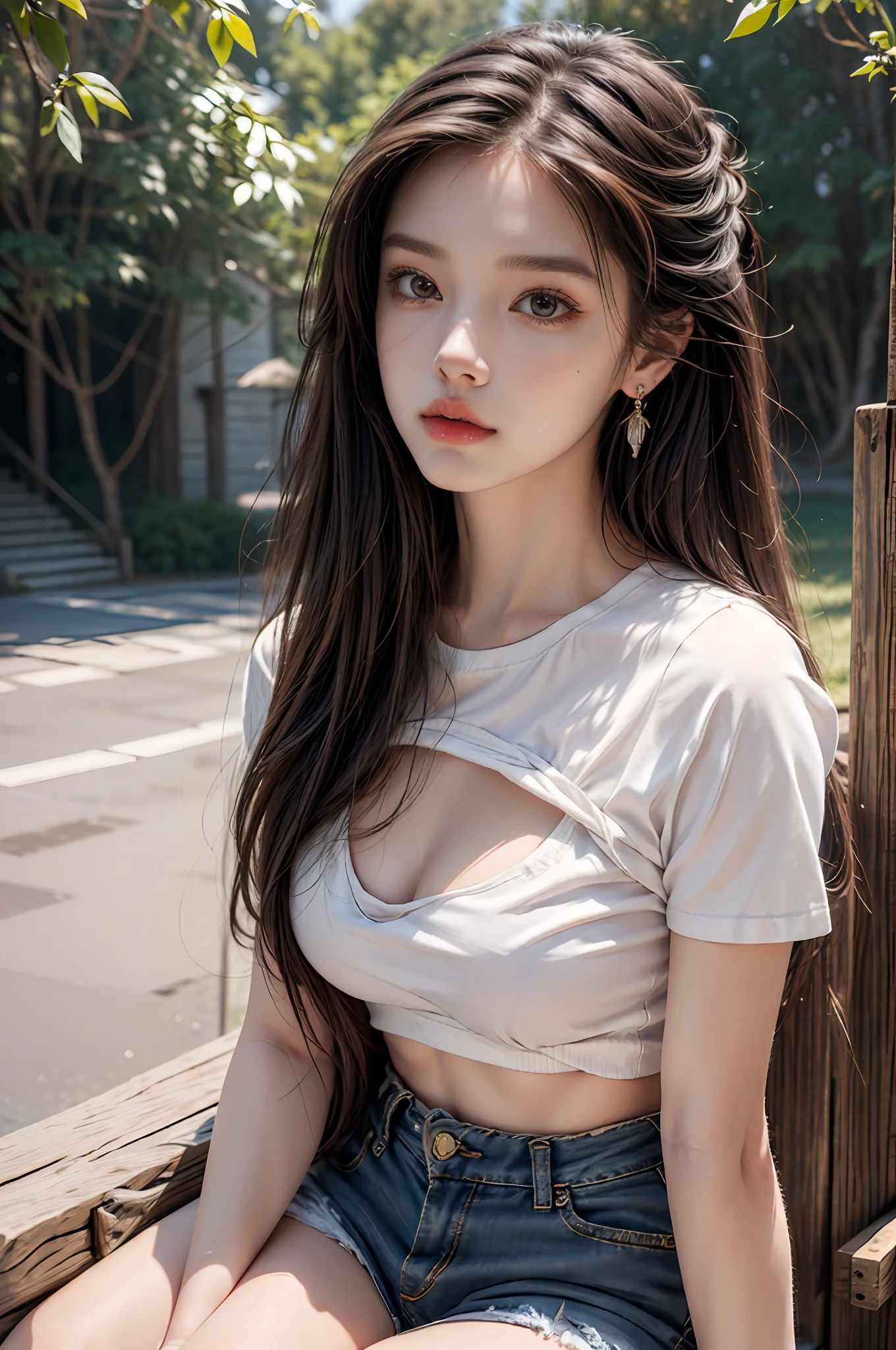 Best quality, masterpiece, super high resolution, (realistic: 1.4), original photo, (evening street), 1 girl, black eyes, looking at the audience, long hair, light makeup, lips, small ears, white t-shirt, denim shorts, earrings, sitting Ferrari, big breasts, slim