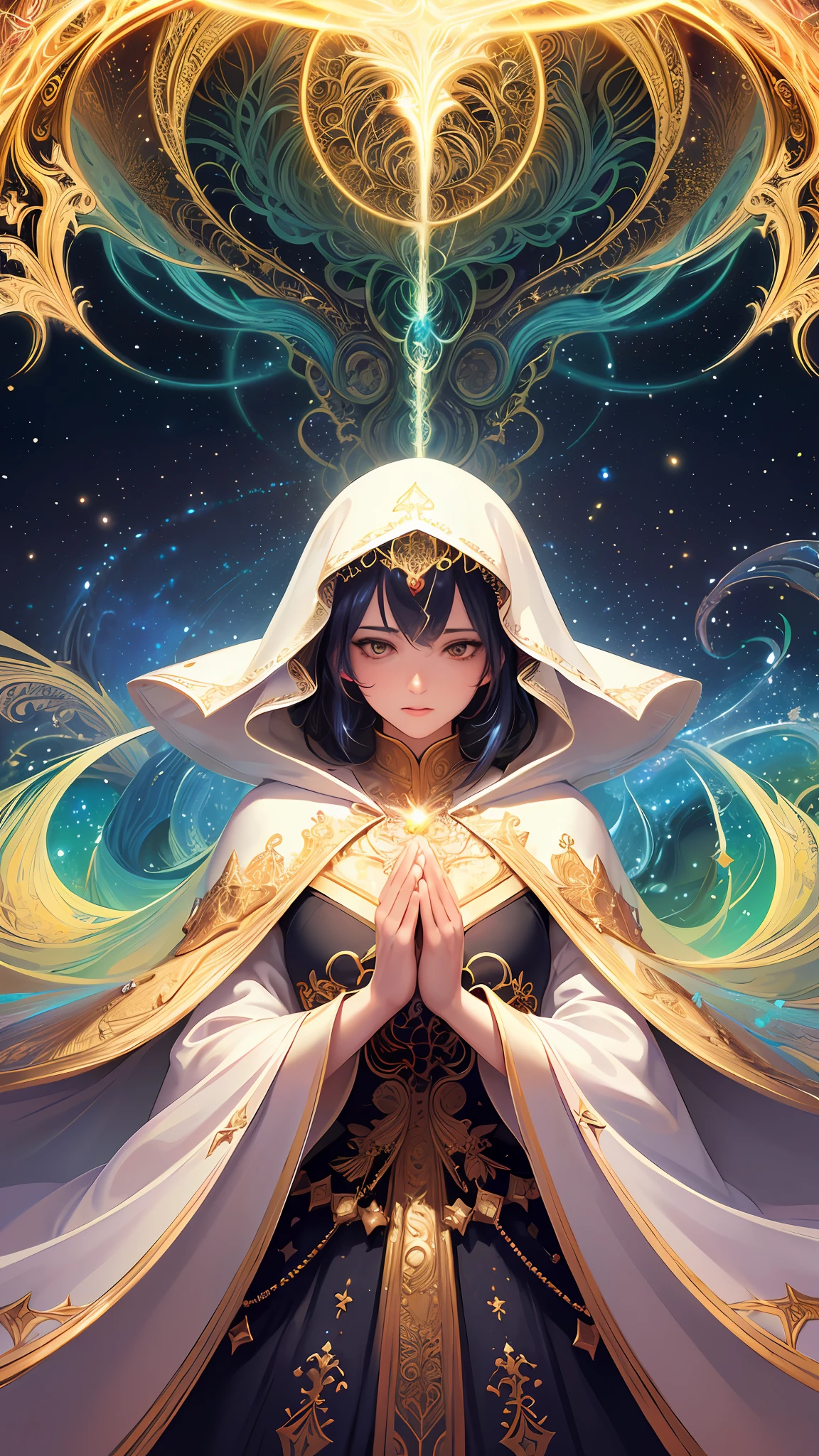 (masterpiece, top quality, best quality, official art, beautiful and aesthetic:1.2), (1girl), extreme detailed, (fractal art:1.3), colorful, highest detailed, perfect face, upper body, HDR, (praying:1.3), (white cloak golden lines:1.2), galaxy, (light streaks), striking visuals, (dynamic streaks, luminous trails:1.2), vibrant colors,