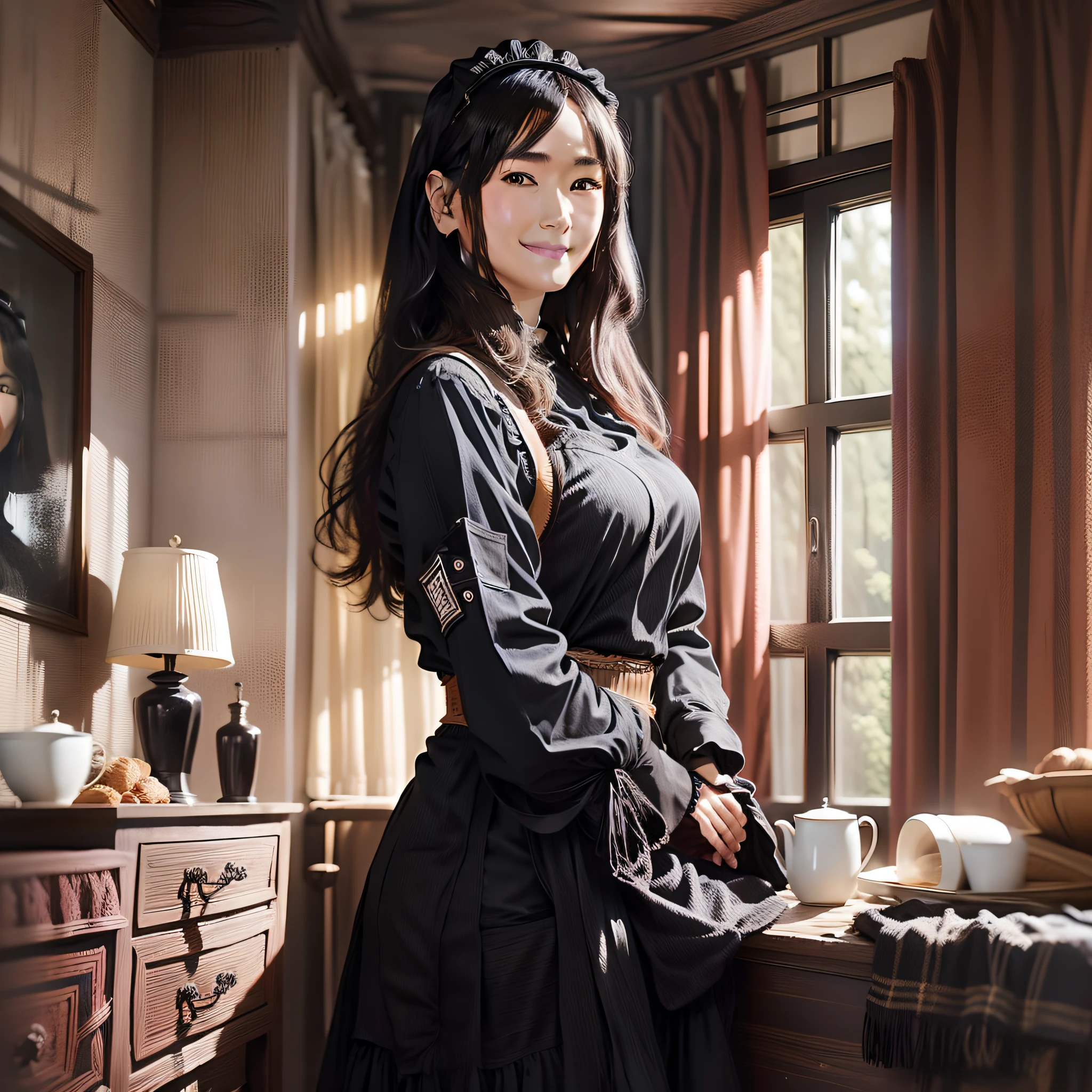 Young female maid living in an old Western-style house、Black clothes、long black hair、a smiling look、White headband