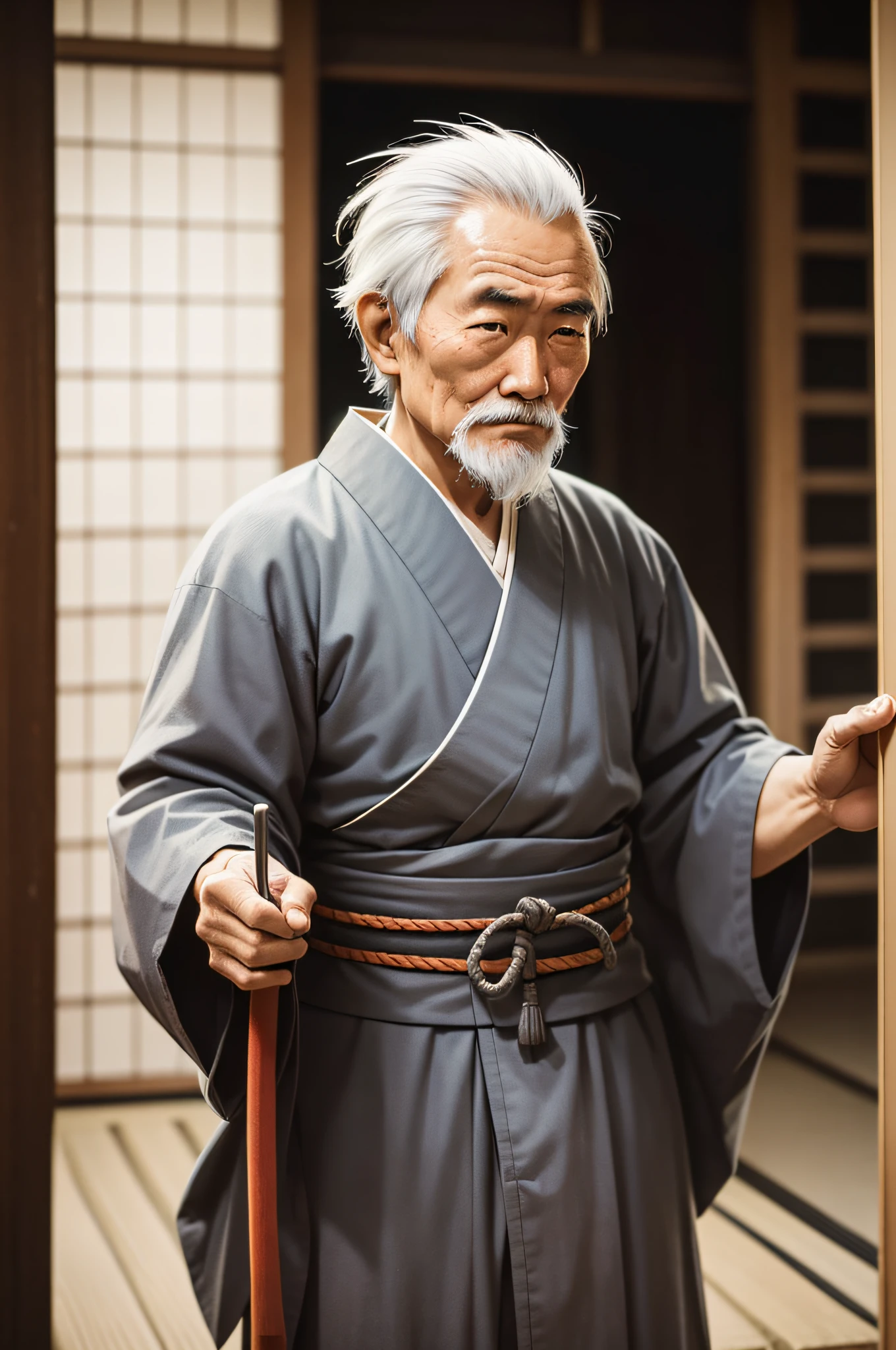 Old Japanese man, samurai warrior, gray hair, Japanese edo period, recovered photograph, (film grain: 1.2), (disposable film: 1.2), bad lighting, dim