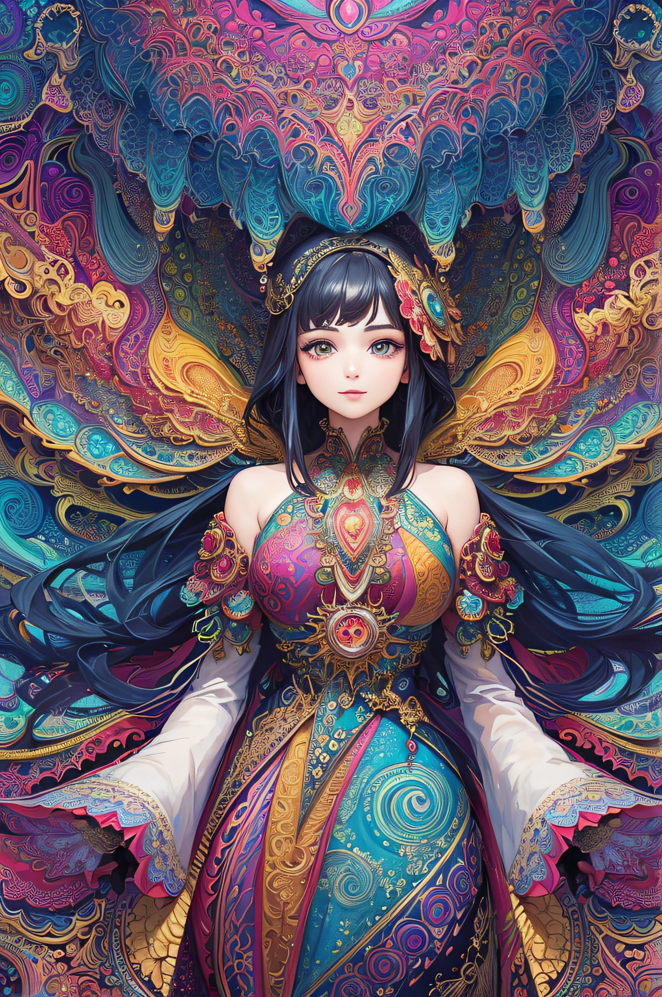 (masterpiece, top quality, best quality, official art, beautiful and aesthetic:1.2), (1girl:1.3), extremely detailed,(fractal art:1.2),colorful,highest detailed,(zentangle:1.2), (dynamic pose), (abstract background:1.5), (treditional dress:1.2), (shiny skin), (many colors:1.4), upper body
