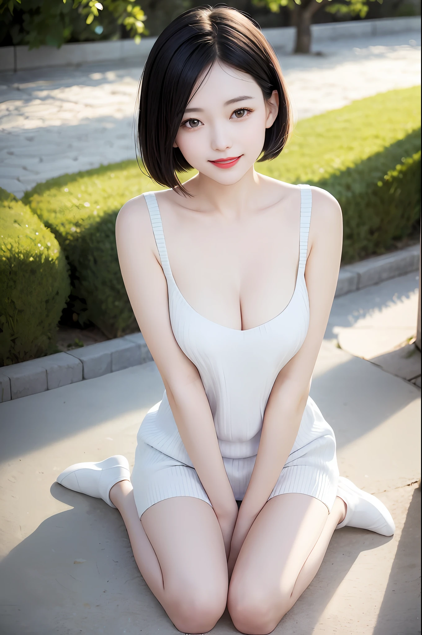 A japanese woman stands in a park in front of beach, exquisite and beautiful face, exquisite collarbone, seductive and delicate collarbone, charming fragrant shoulders, shoulders slightly exposed,  open-shoulder long sweater,sky blue sweater, pretty face, (peach Red lips:1.1), tender and smooth skin,(white skin:1.6),(black hair:1.2),(bob hair:1.2), short hair,(smile:1.2),smile with teeth, white teeth,very realistic details,  ultra-high resolution,bokeh,outstanding details, full body