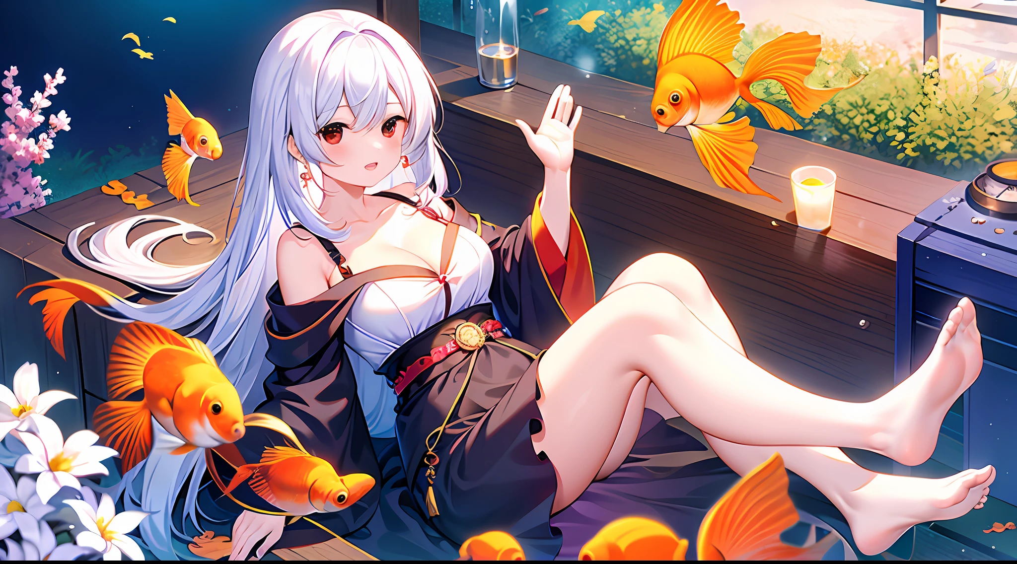1girl, off-the-shoulder, earrings, goldfish, jewelry, cleavage, hanfu, belt, underwater, goldfish, white flowers, long skirt, red eyes, gaze, sitting position, headrest, white hair, collarbone, long hair
