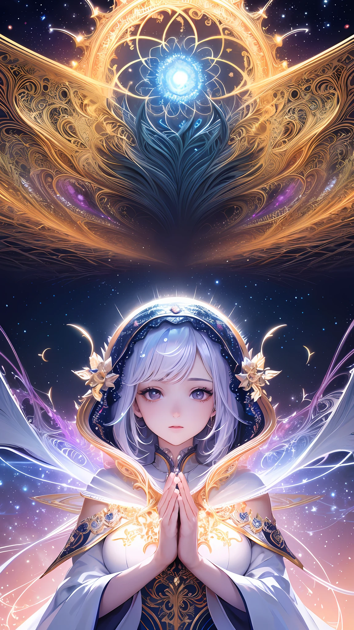 (masterpiece, top quality, best quality, official art, beautiful and aesthetic:1.2), (1girl), extreme detailed, (fractal art:1.3), colorful, highest detailed, perfect face, upper body, HDR, (praying:1.3), (white cloak golden lines:1.2), galaxy, (light streaks), striking visuals, (dynamic streaks, luminous trails:1.2), vibrant colors,