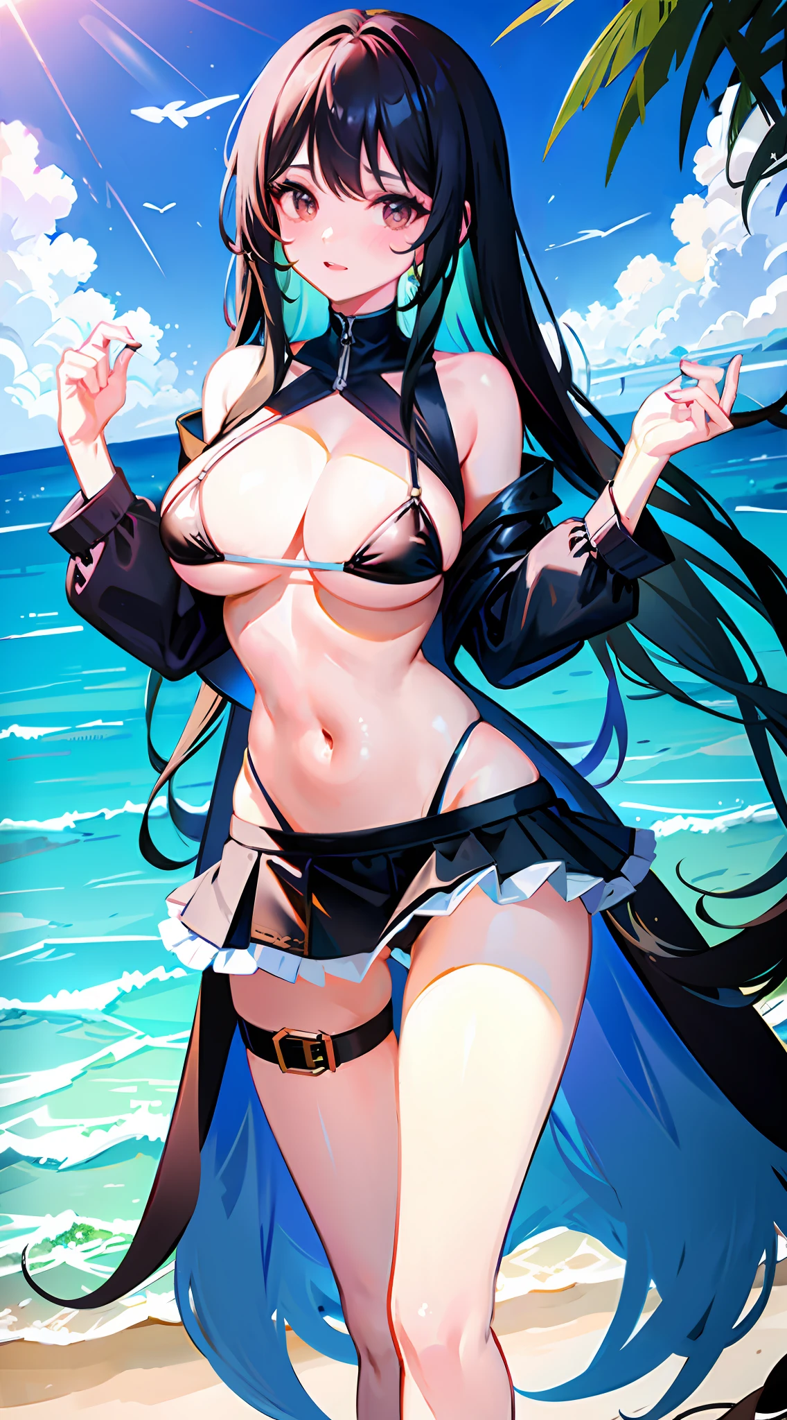 long black hair showing belly showing lower tits white micro bikini skirt beach skimpy swimsuit