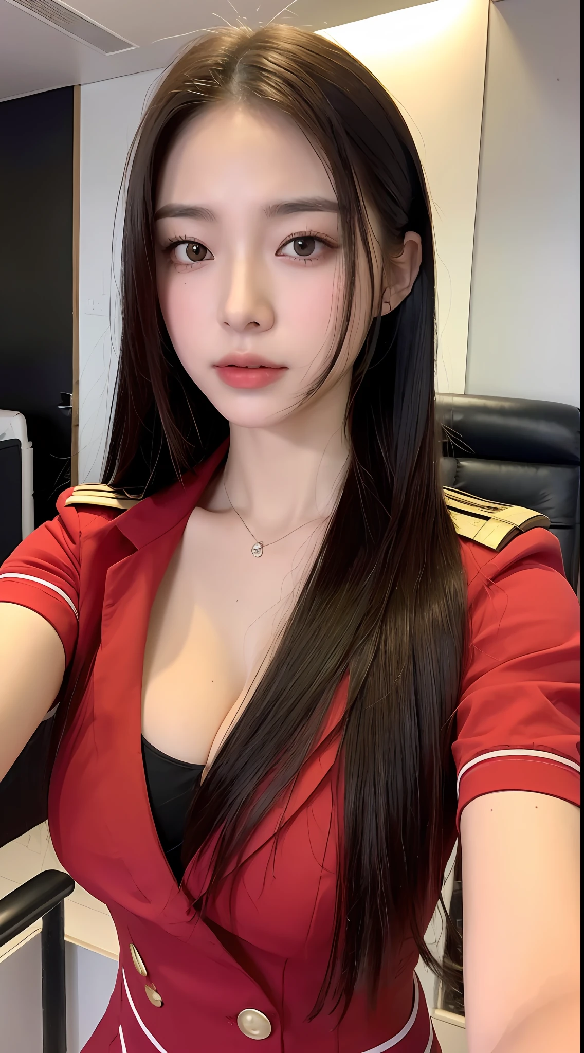 ((Best quality, 8k, Masterpiece)), 1girl, Pretty woman with emphasizing slender abs : (random hairstyles, E cup size breasts), showing cleavage, picture of whole body, cabin crew, Air Asia uniform, red uniform, :airplane, Ultra-detailed face, Detailed eyes, Double eyelid, irritating face,