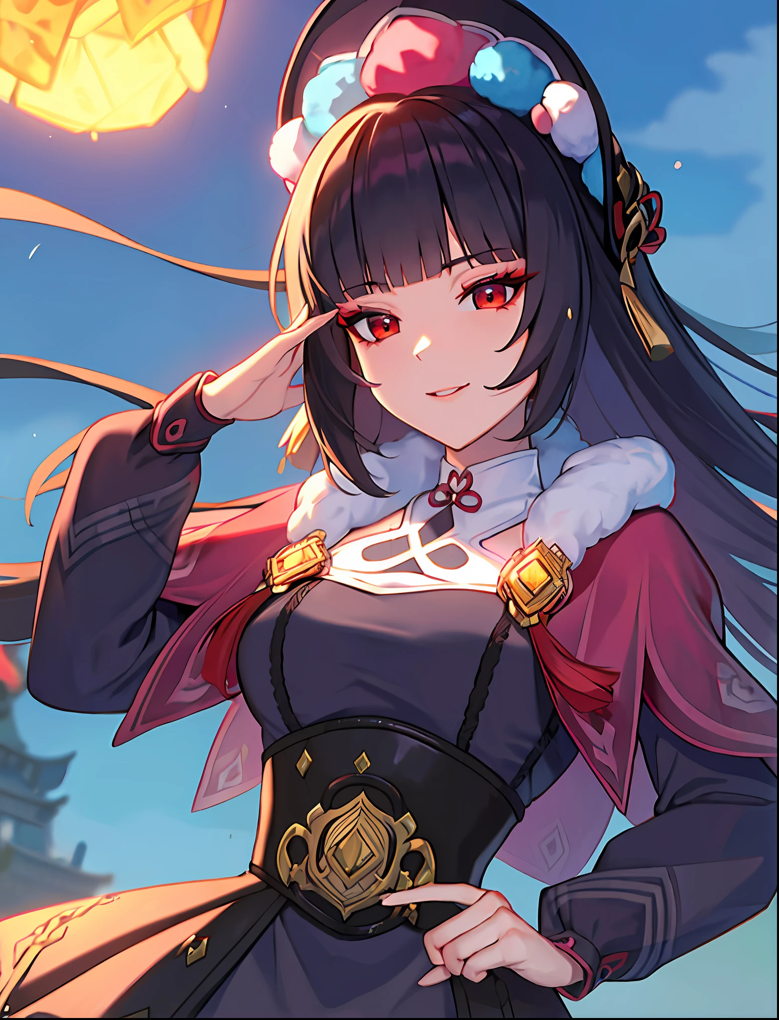 ((masterpiece:1.2)), best quality, pretty face, dramatic lighting,1girl, solo, blunt bangs, hime cut, black corset, black hair, collar, mascara, ((red eyeshadow)), long hair, sidelocks, floating hair, looking at viewer, (makeup), pink capelet, qi ****ta, red eyes, puffy long sleeves, bonnet, purple dress, large breasts, closed mouth, parted lips, light smile, hand up, skirt, black pantyhose, Pantyhose Showing Panties, wind blowing skirt, anime screencap, (night sky), east asian architecture, Liyue, tassel, black footwear, half-closed eyes, genshin impact,