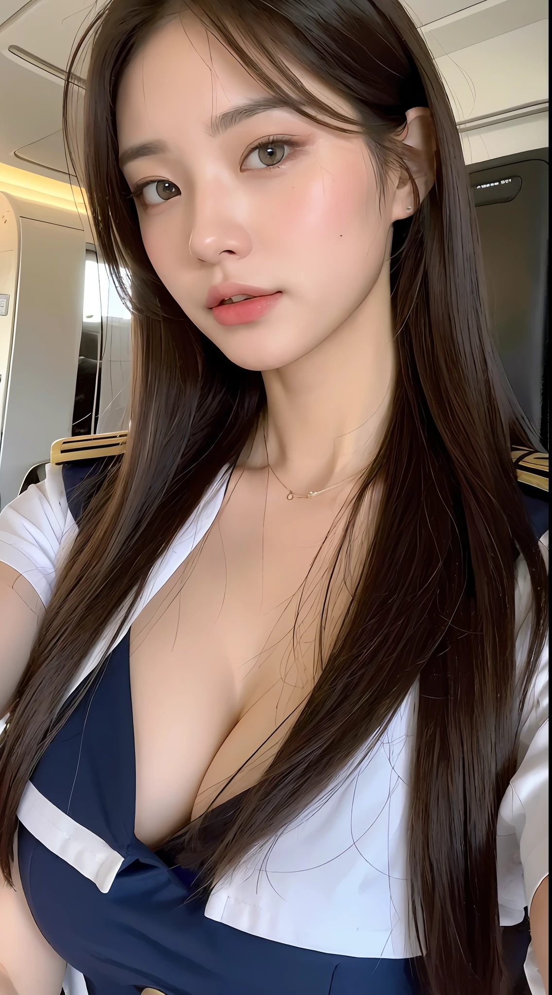 ((Best quality, 8k, Masterpiece)), 1girl, Pretty woman with emphasizing slender abs : (random hairstyles, E cup size breasts), showing cleavage, picture of whole body, cabin crew, Air Asia uniform, red uniform, :airplane, Ultra-detailed face, Detailed eyes, Double eyelid, irritating face,