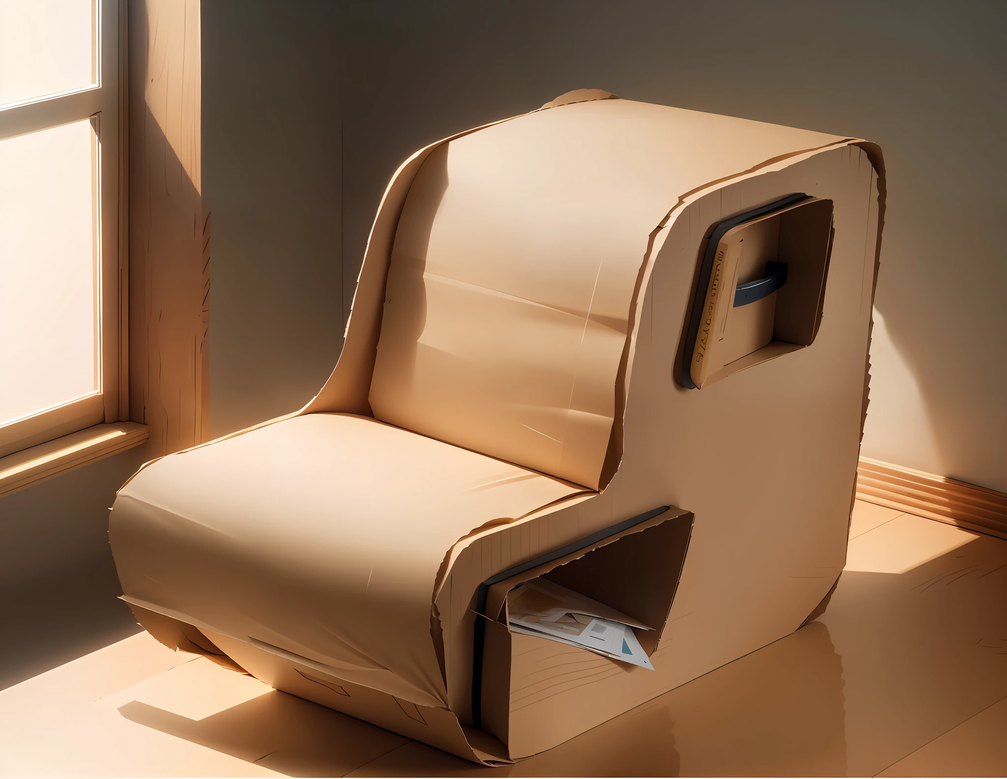 There is a cardboard chair in the room,Inside was a book, cardboard, armchair, furniture concept photo!!, made of cardboard, placed in a living room, chair, furniture overturned, furniture overturned, innovative, innovative, gaming chair as a toilet, Semi - realistic render, rendered in corona, throne, intense sunlight, folded, in a comfortable chair,Edges are repaired and flattened,At the same time, highlight the material of the corrugated paper